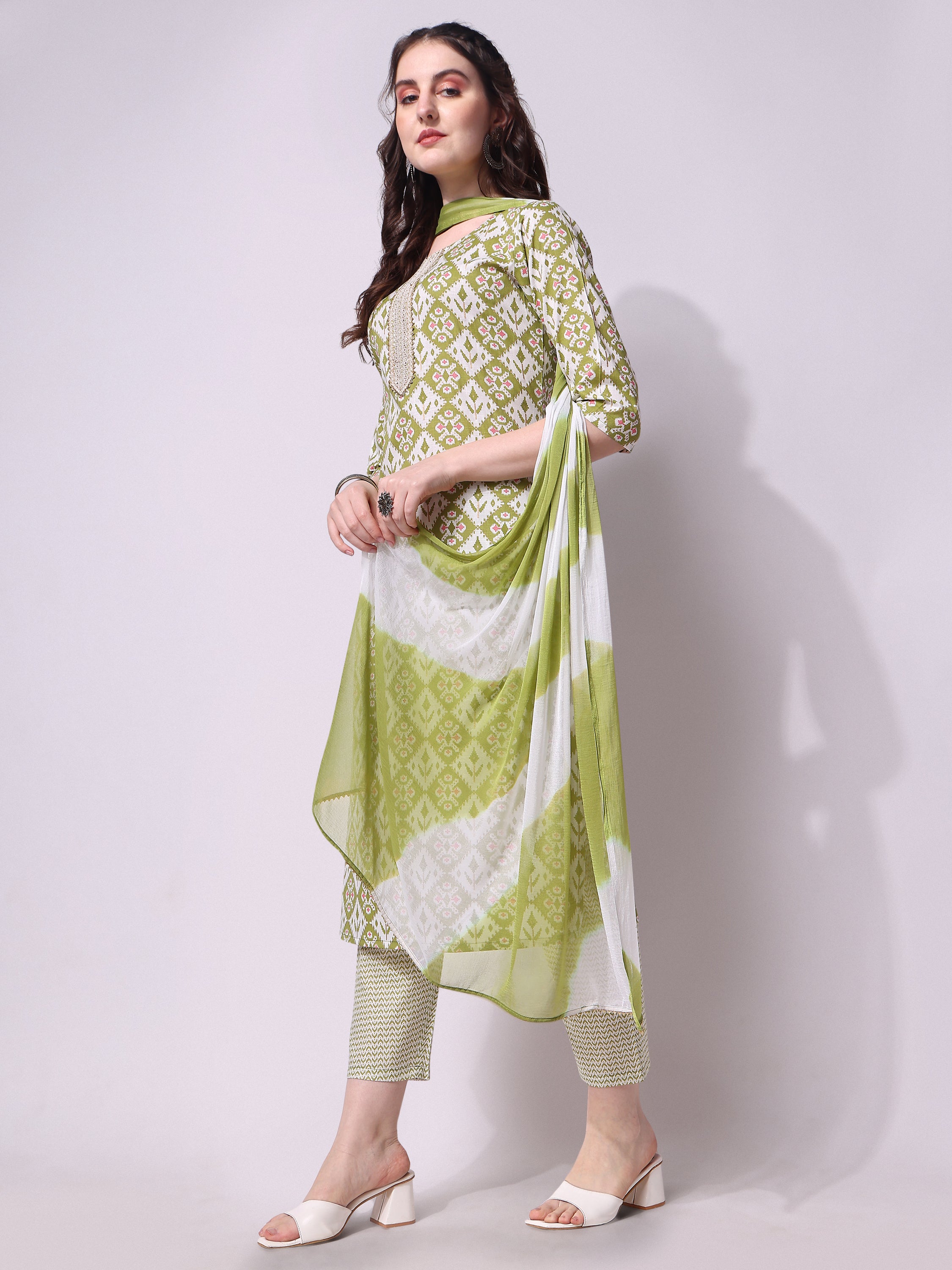 Cotton Green printed kurta with pant & dupatta Set