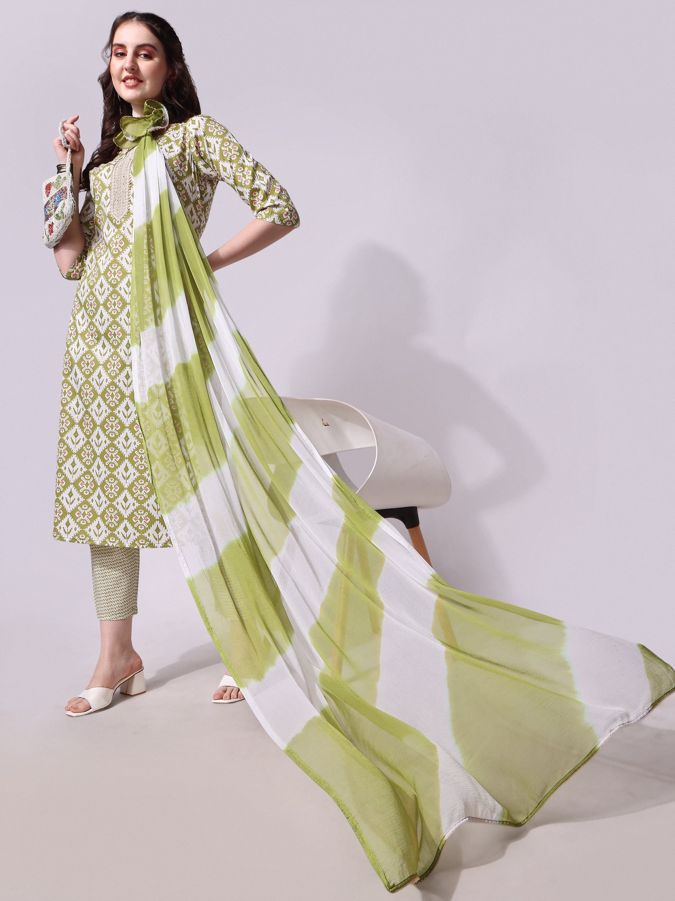 Cotton Green printed kurta with pant & dupatta Set