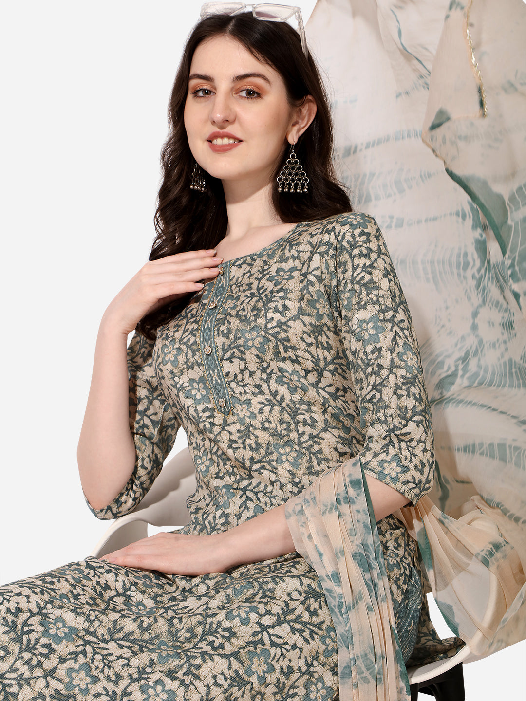 Floral Printed Kurta With Pant And Dupatta Set