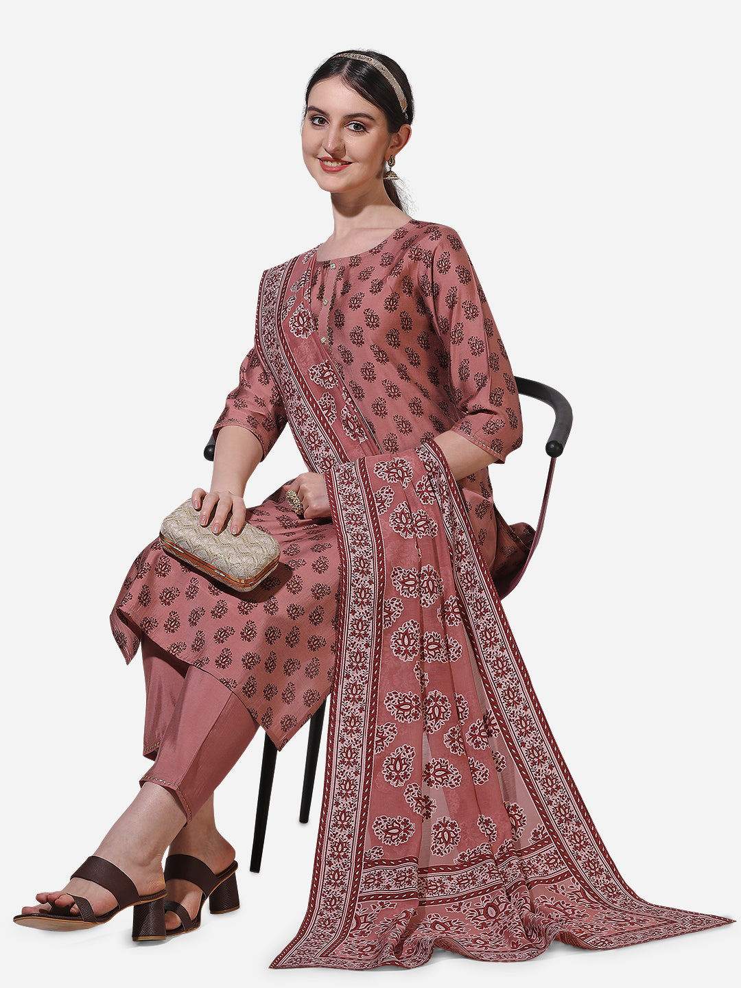 Floral Printed Rust Kurta With Pant And Dupatta Set