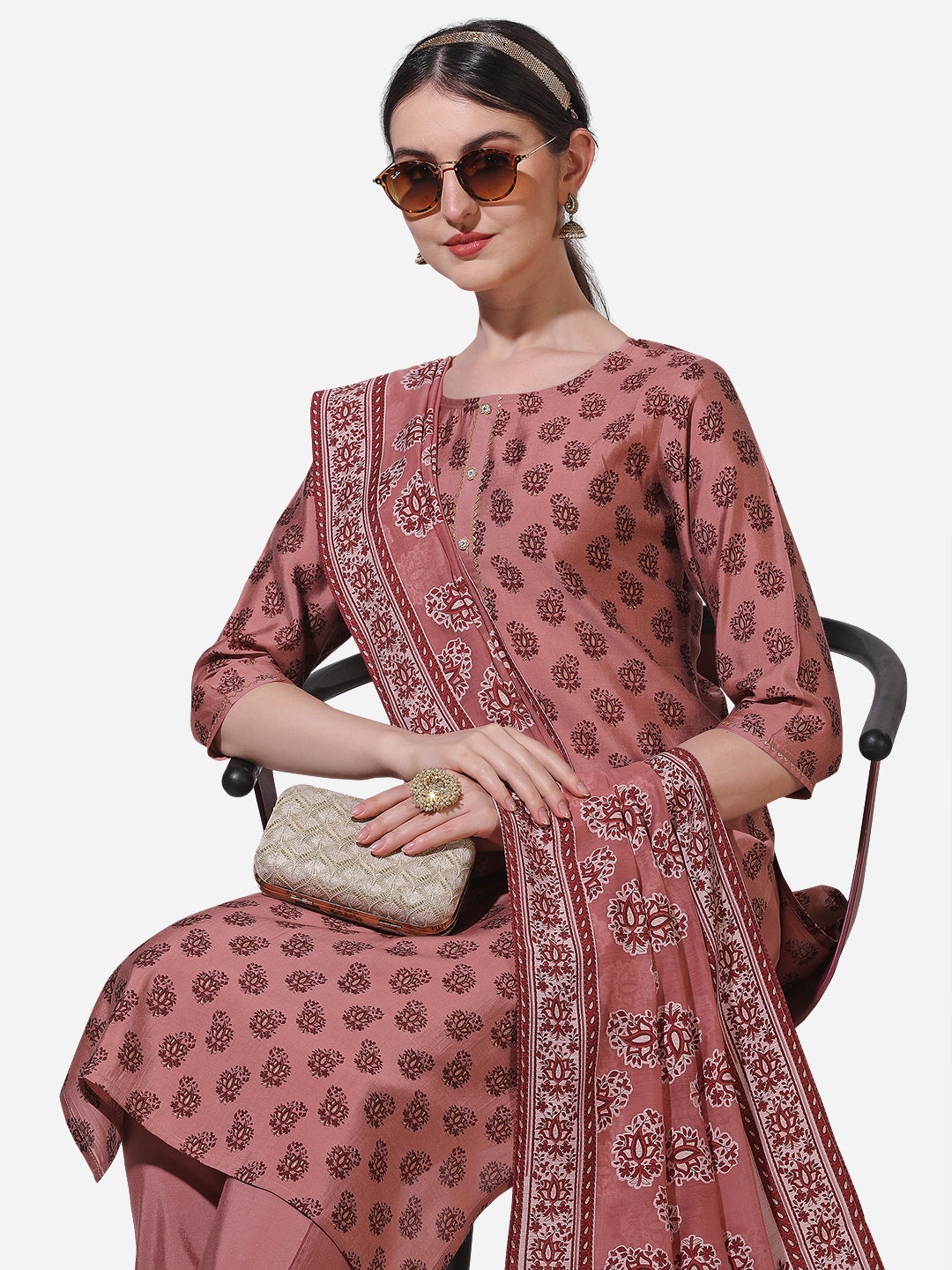 Floral Printed Rust Kurta With Pant And Dupatta Set