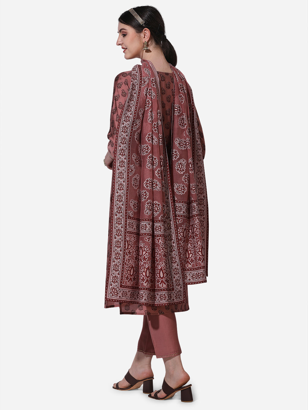 Floral Printed Rust Kurta With Pant And Dupatta Set