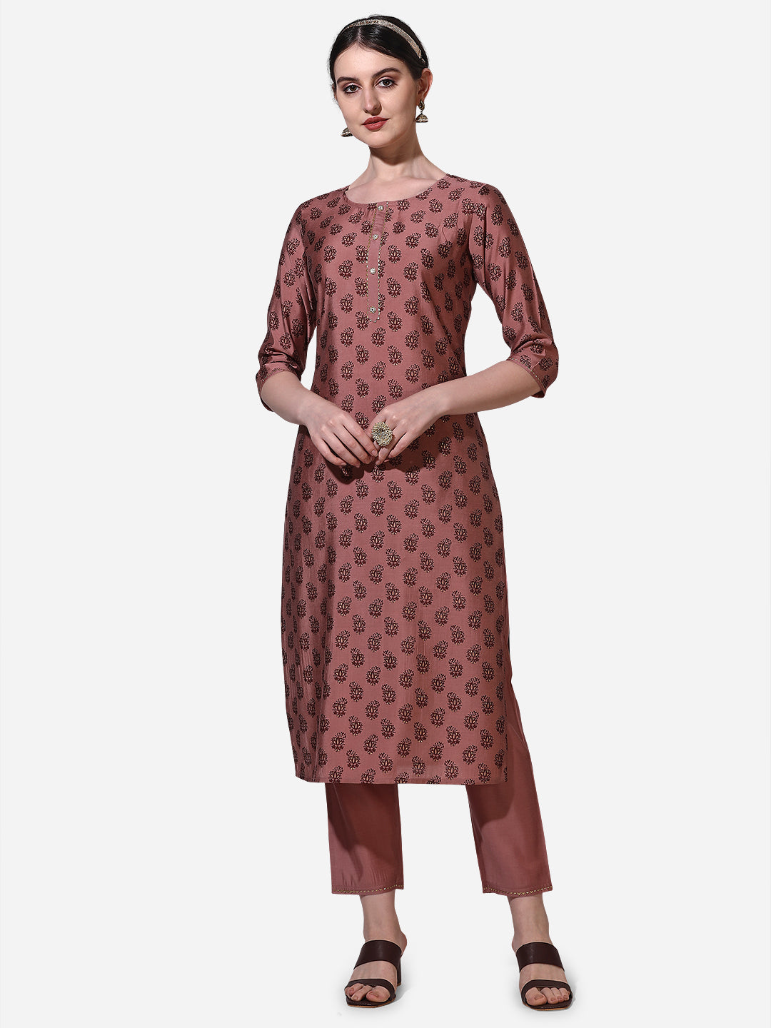 Floral Printed Rust Kurta With Pant And Dupatta Set