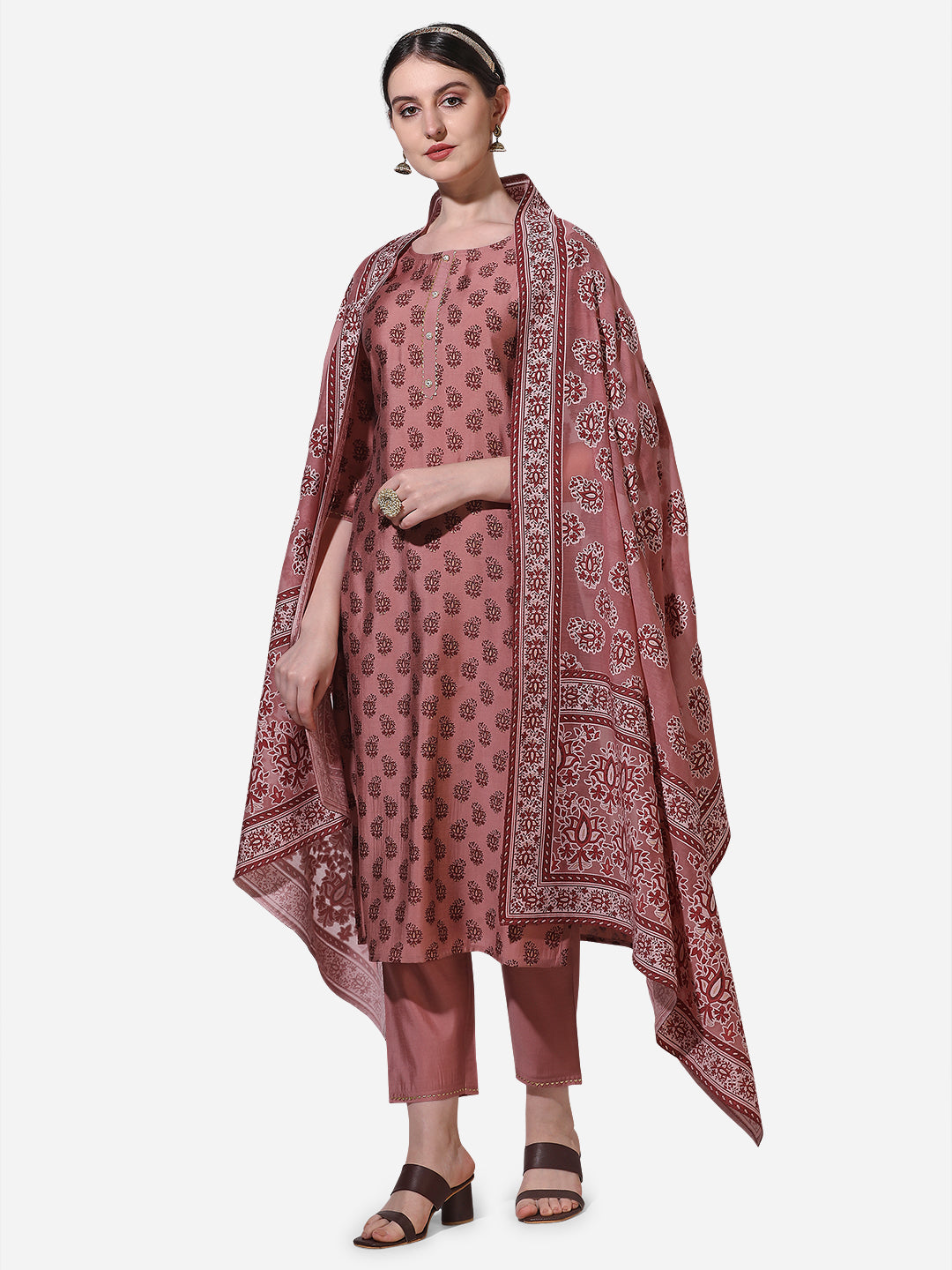 Floral Printed Rust Kurta With Pant And Dupatta Set