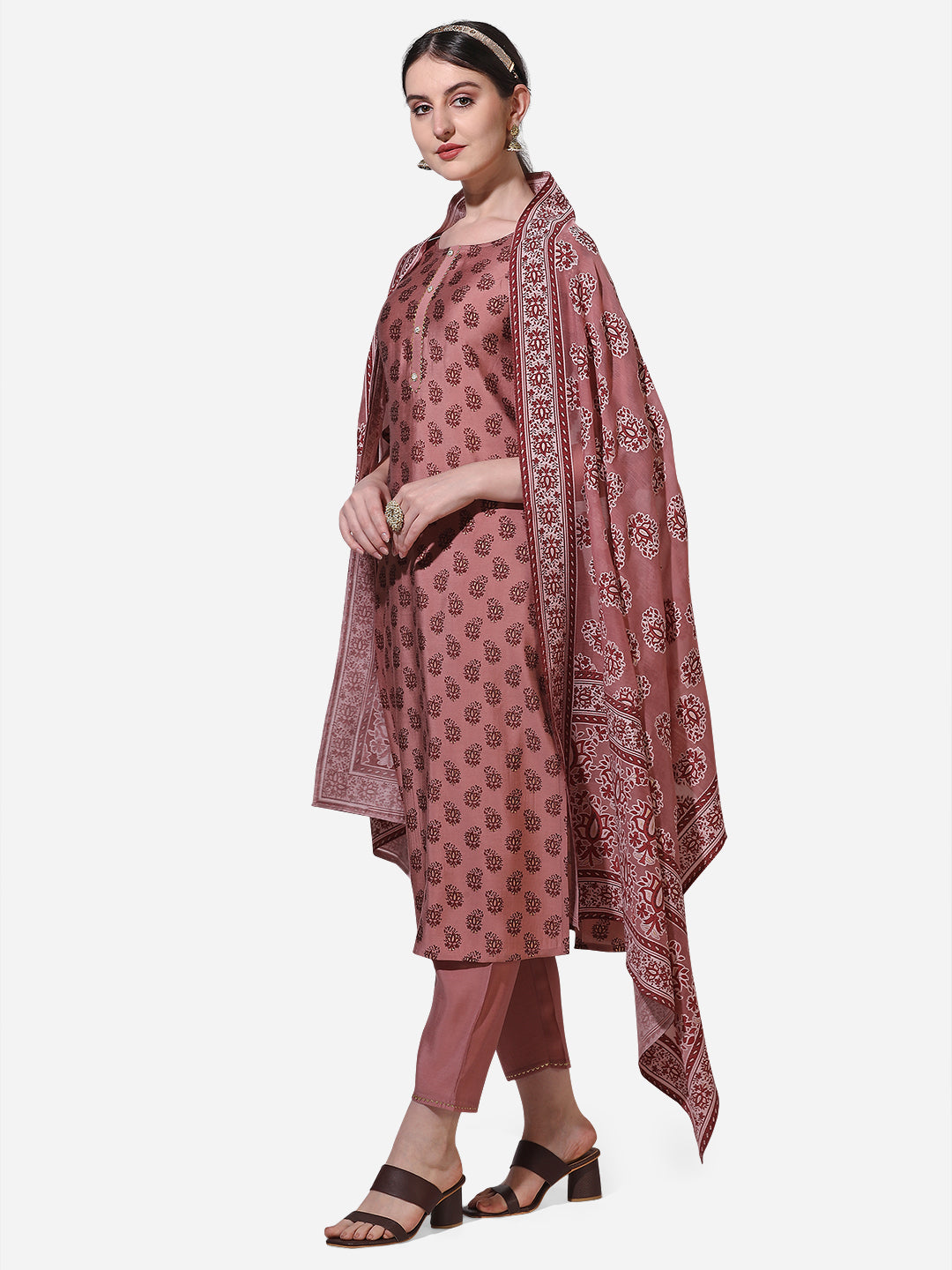 Floral Printed Rust Kurta With Pant And Dupatta Set