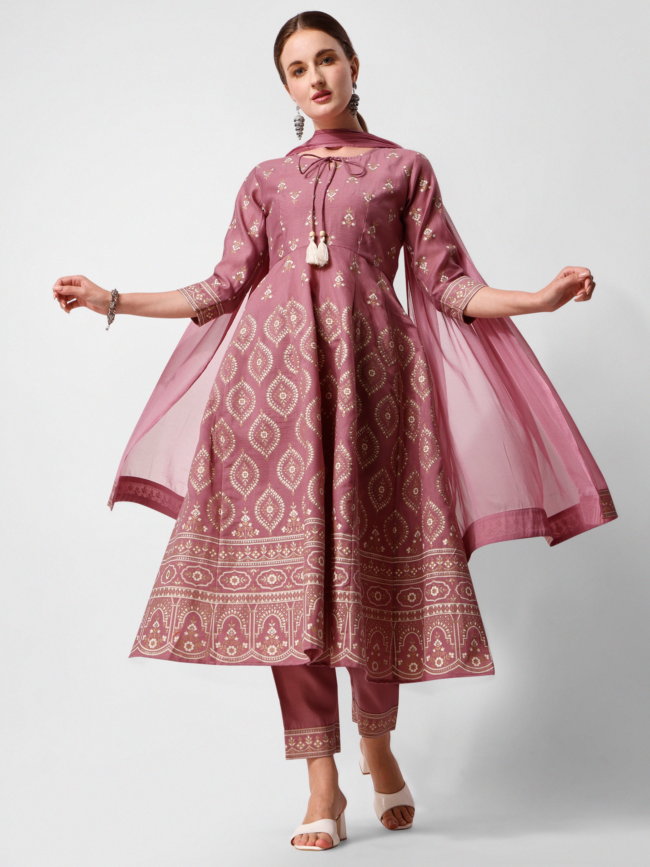 Anarkali Printed Kurta Suit with Pant and Dupatta Set