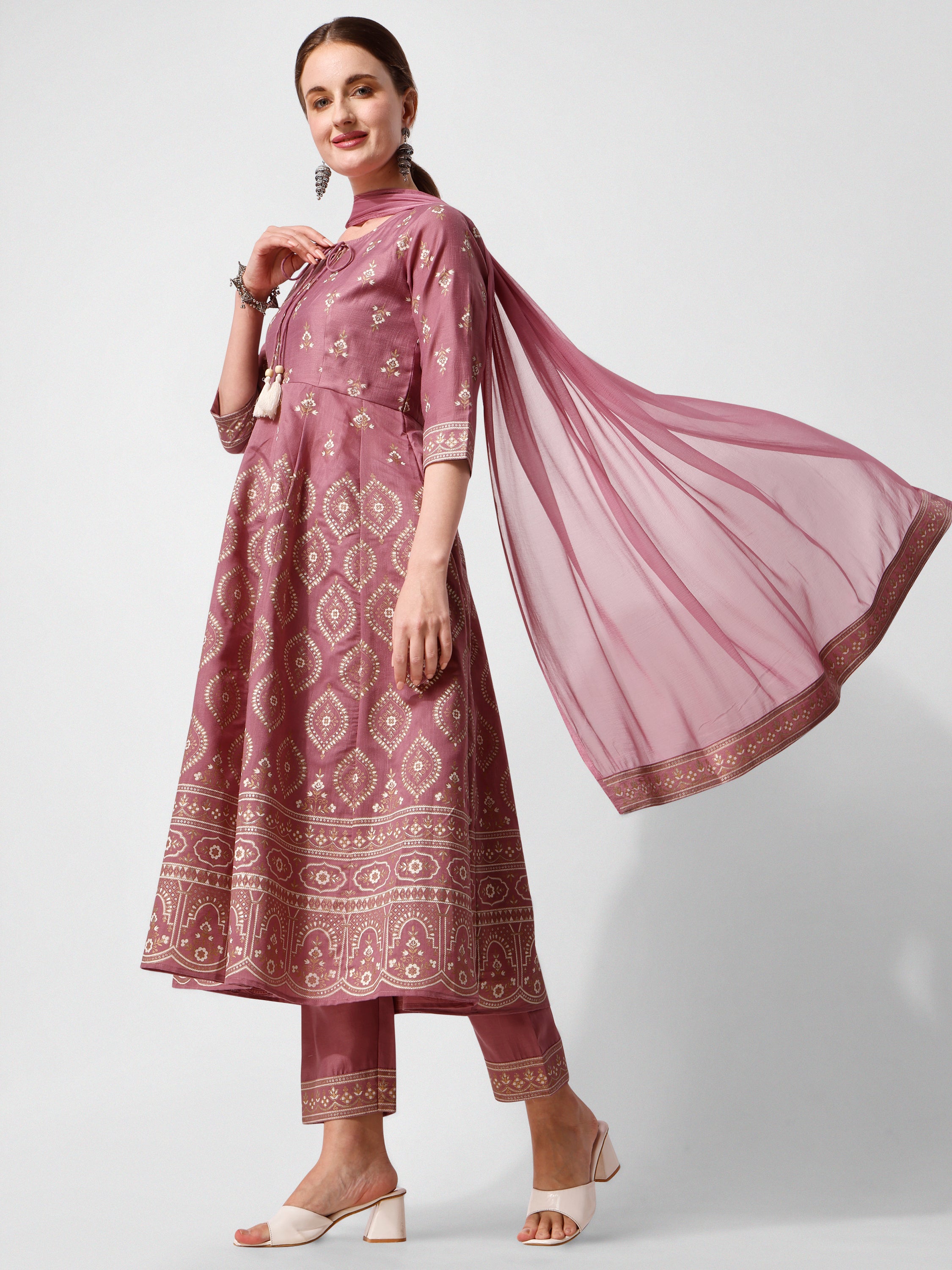 Anarkali Printed Kurta Suit with Pant and Dupatta Set