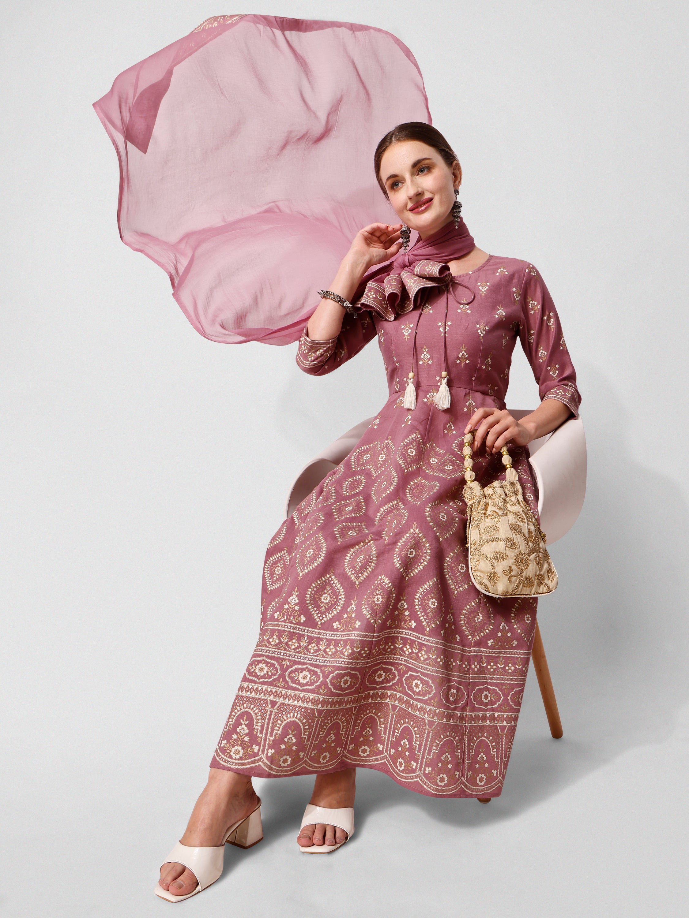 Anarkali Printed Kurta Suit with Pant and Dupatta Set