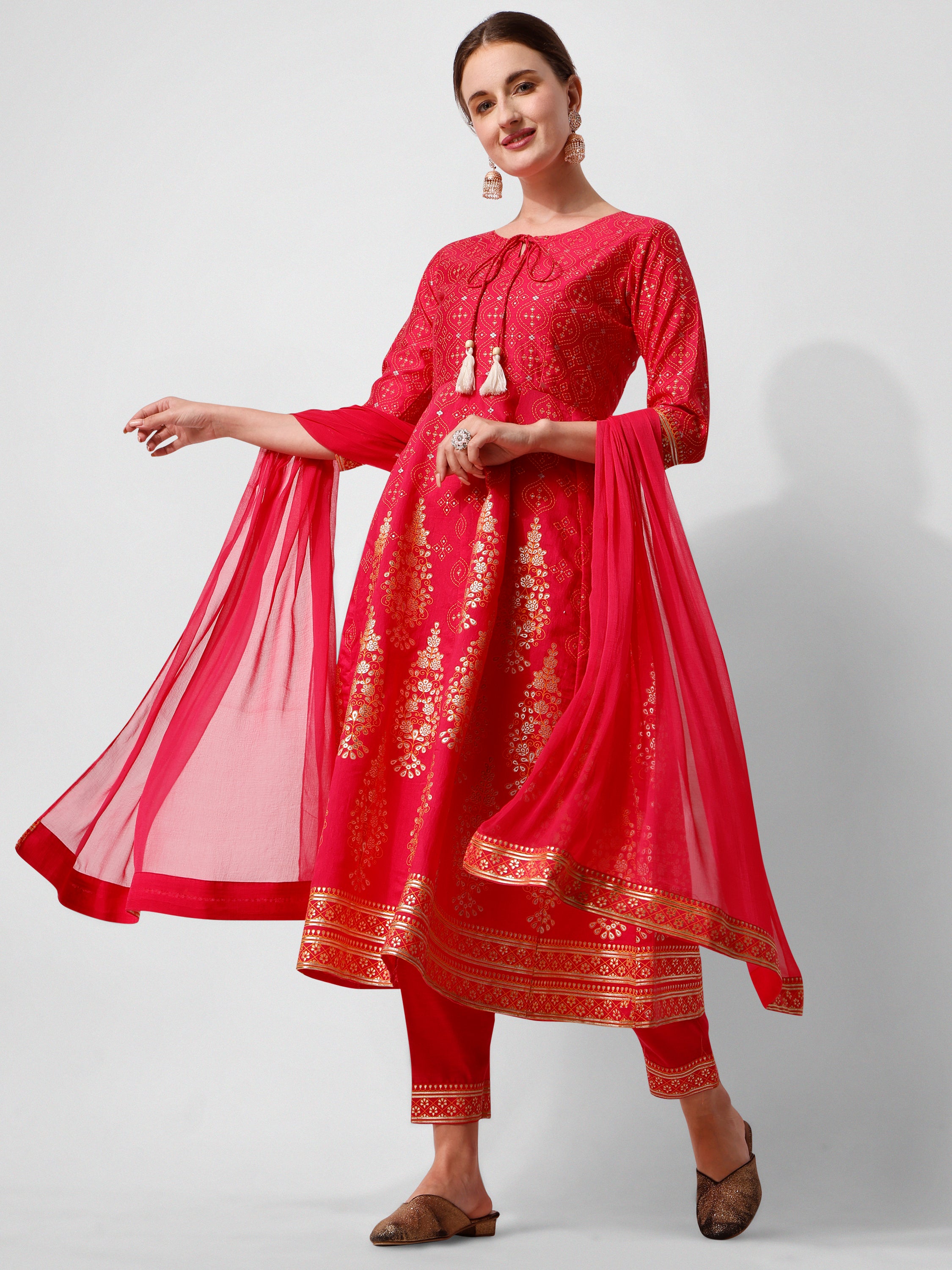 Anarkali Hot Printed Kurta Suit with Pant and Dupatta Set