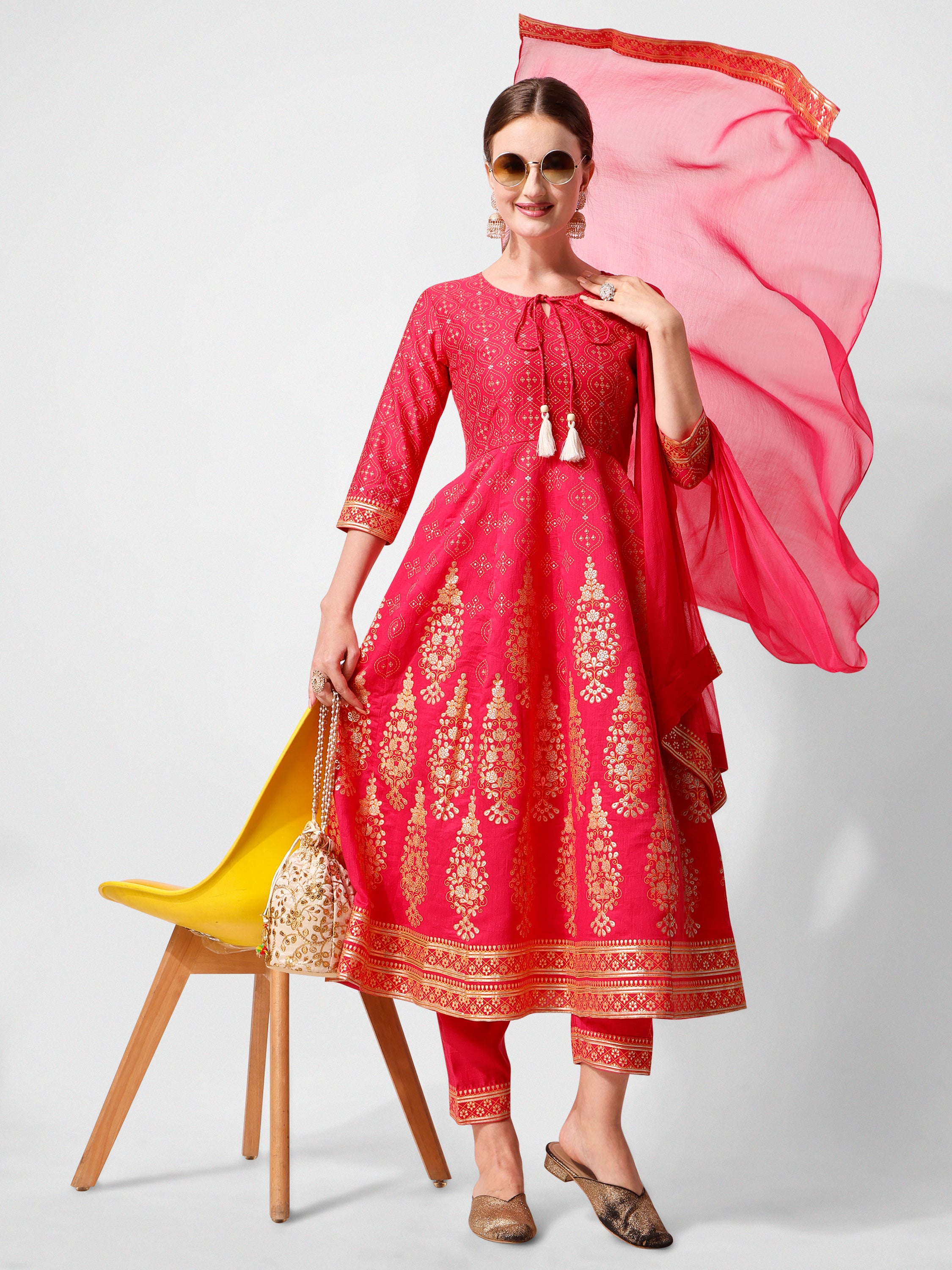 Anarkali Hot Printed Kurta Suit with Pant and Dupatta Set