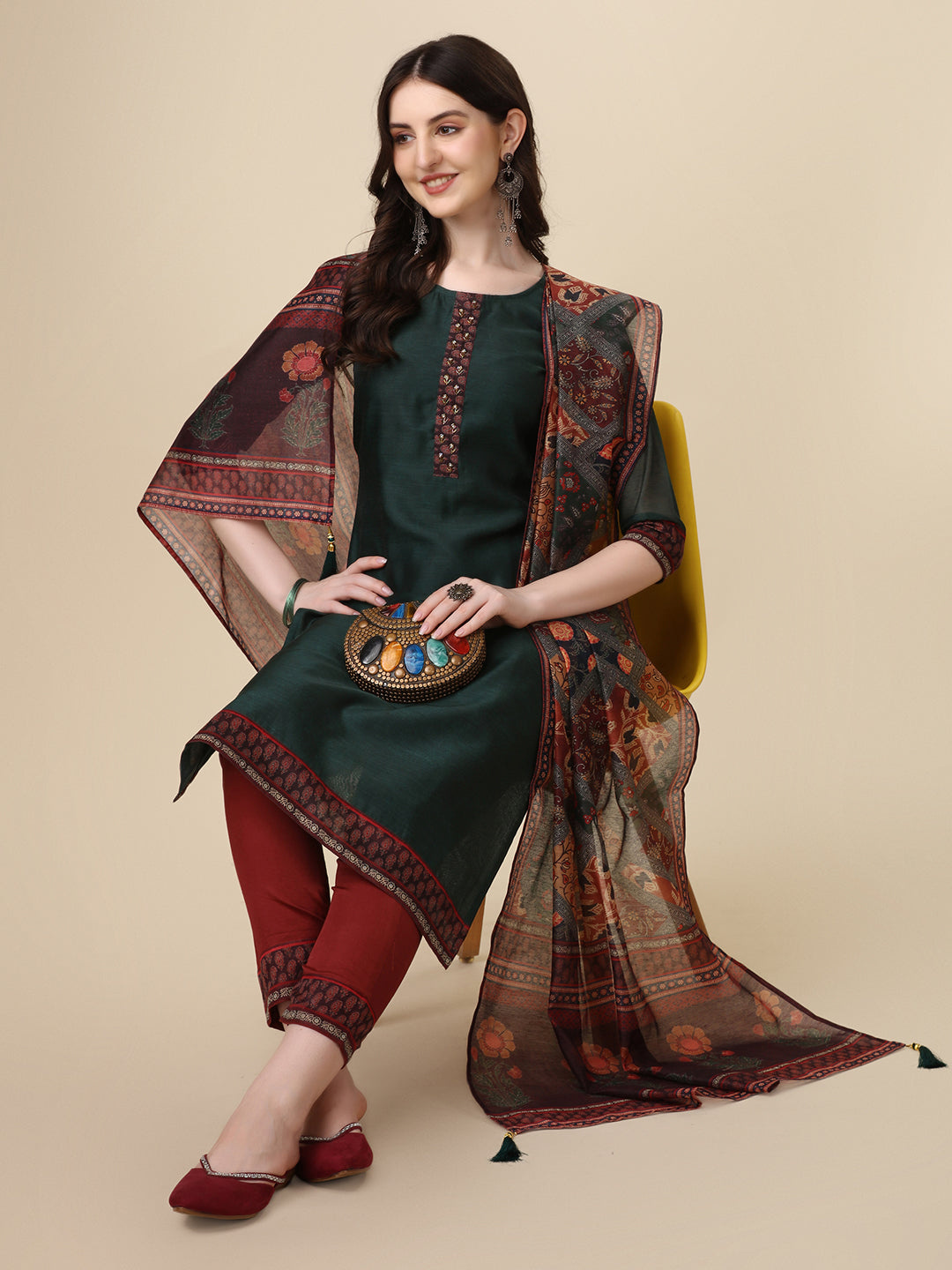 Embroidered Kurta with Pant &  Printed Dupatta Set