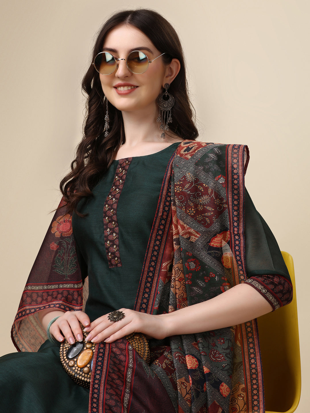 Embroidered Kurta with Pant &  Printed Dupatta Set