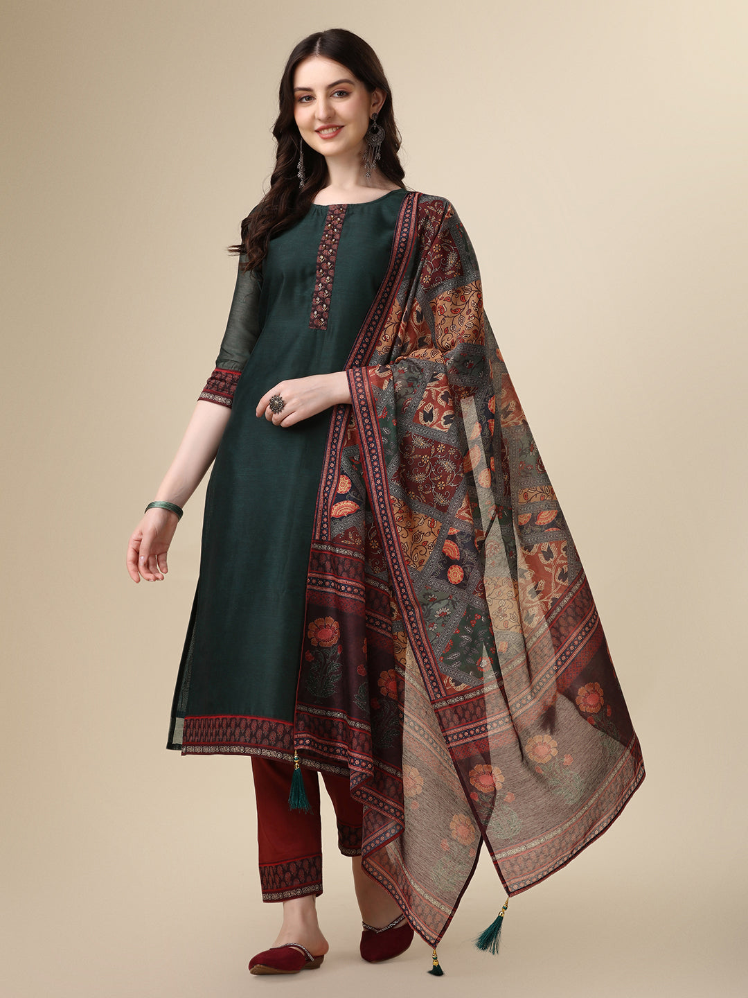 Embroidered Kurta with Pant &  Printed Dupatta Set