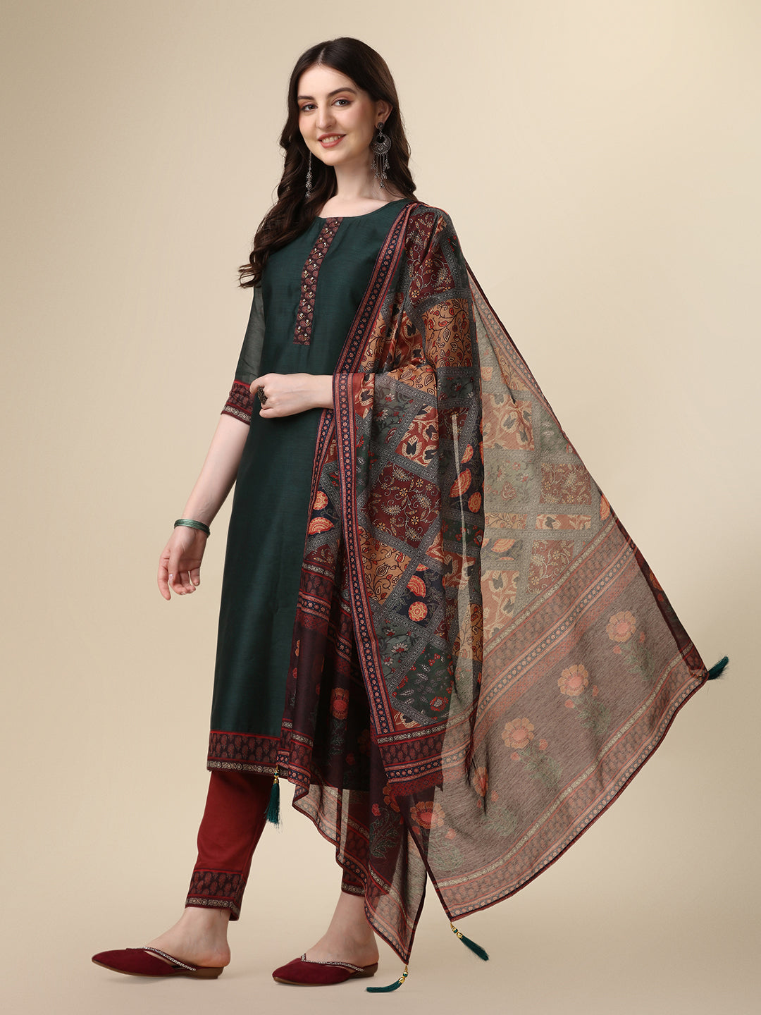 Embroidered Kurta with Pant &  Printed Dupatta Set