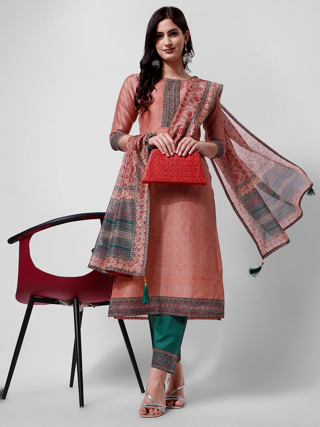 Embroidered Kurta with Pant and Dupatta Set