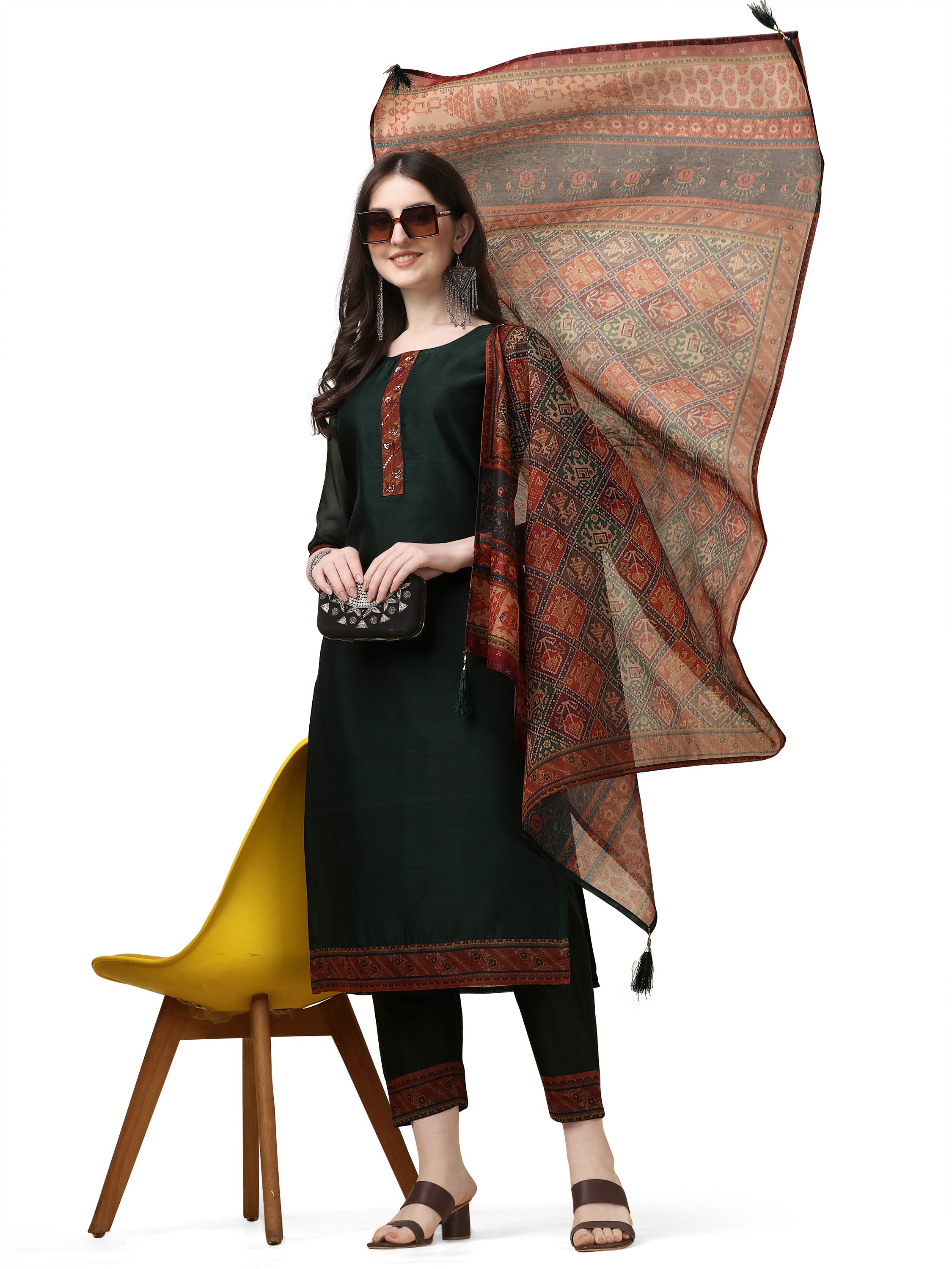 Hand Embroidered Kurta with Pant and Dupatta Set