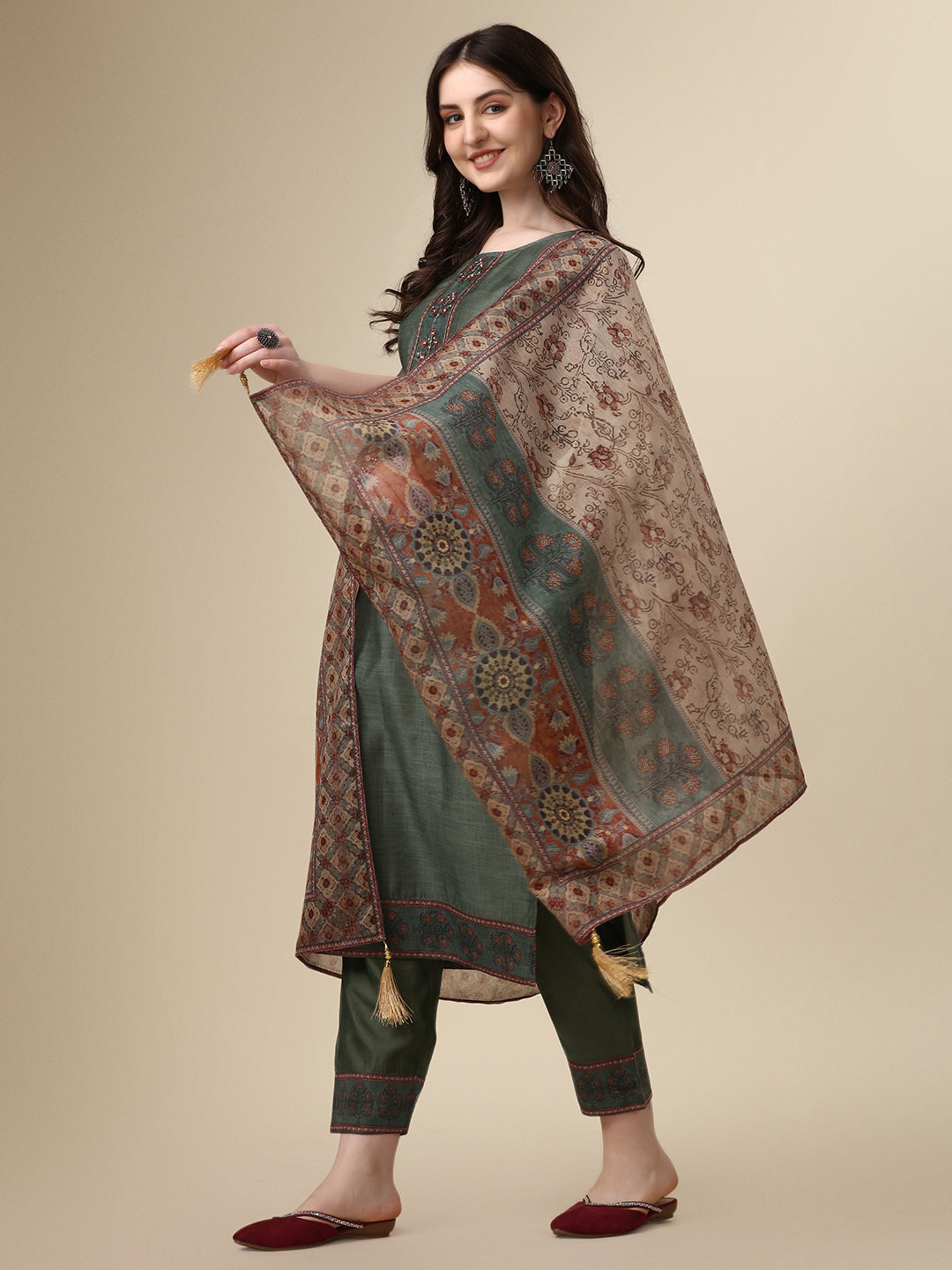 Printed & Hand Embroidered Kurta with Pant and Printed Dupatta Set