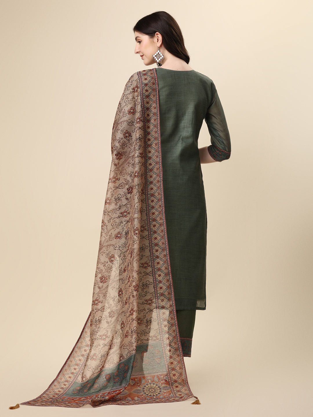 Printed & Hand Embroidered Kurta with Pant and Printed Dupatta Set