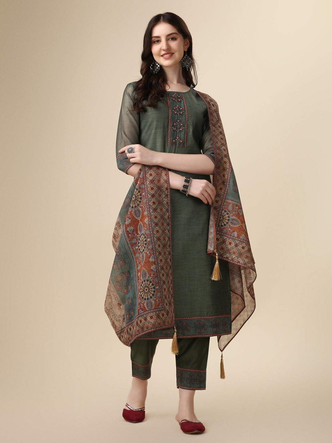 Printed & Hand Embroidered Kurta with Pant and Printed Dupatta Set