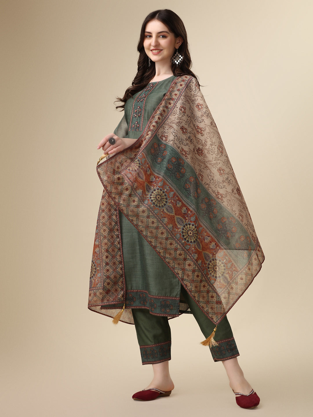 Printed & Hand Embroidered Kurta with Pant and Printed Dupatta Set