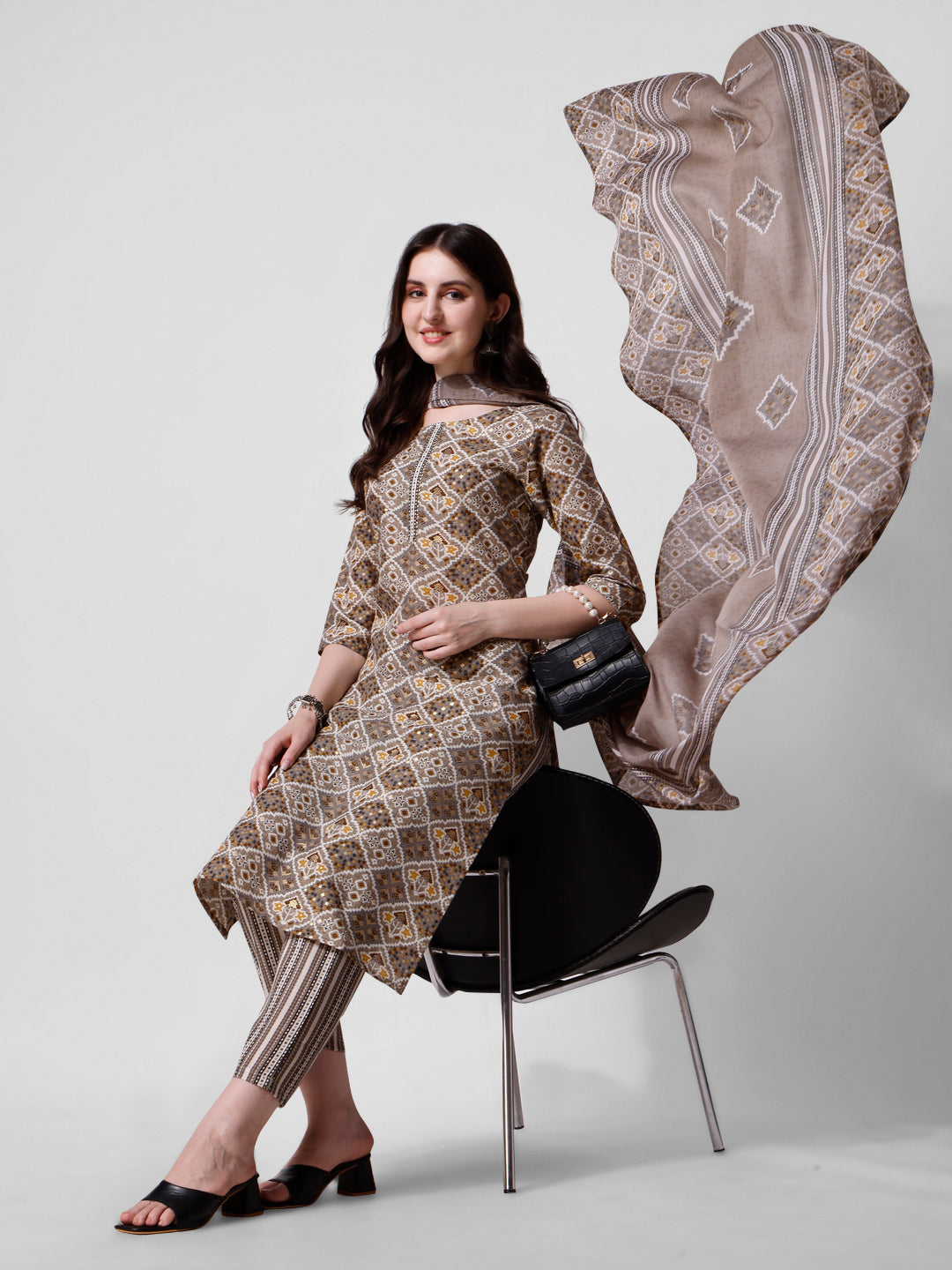 Printed brown kurta pant & dupatta set