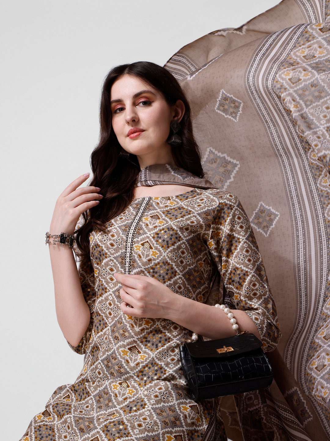 Printed brown kurta pant & dupatta set