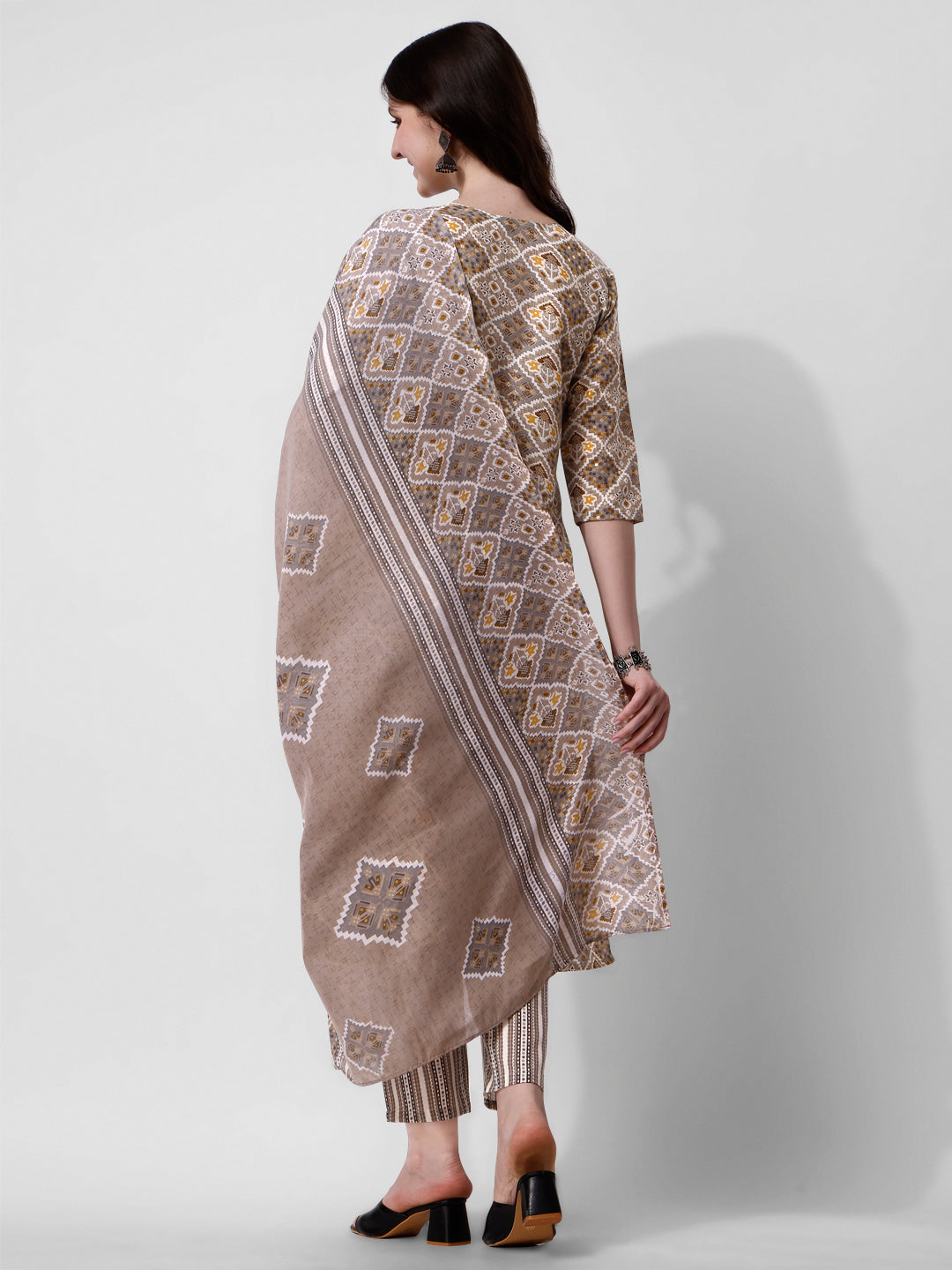 Printed brown kurta pant & dupatta set