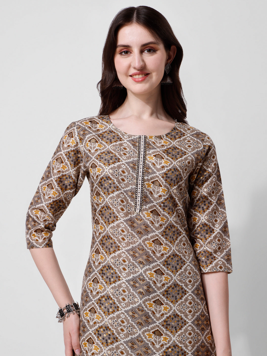 Printed brown kurta pant & dupatta set