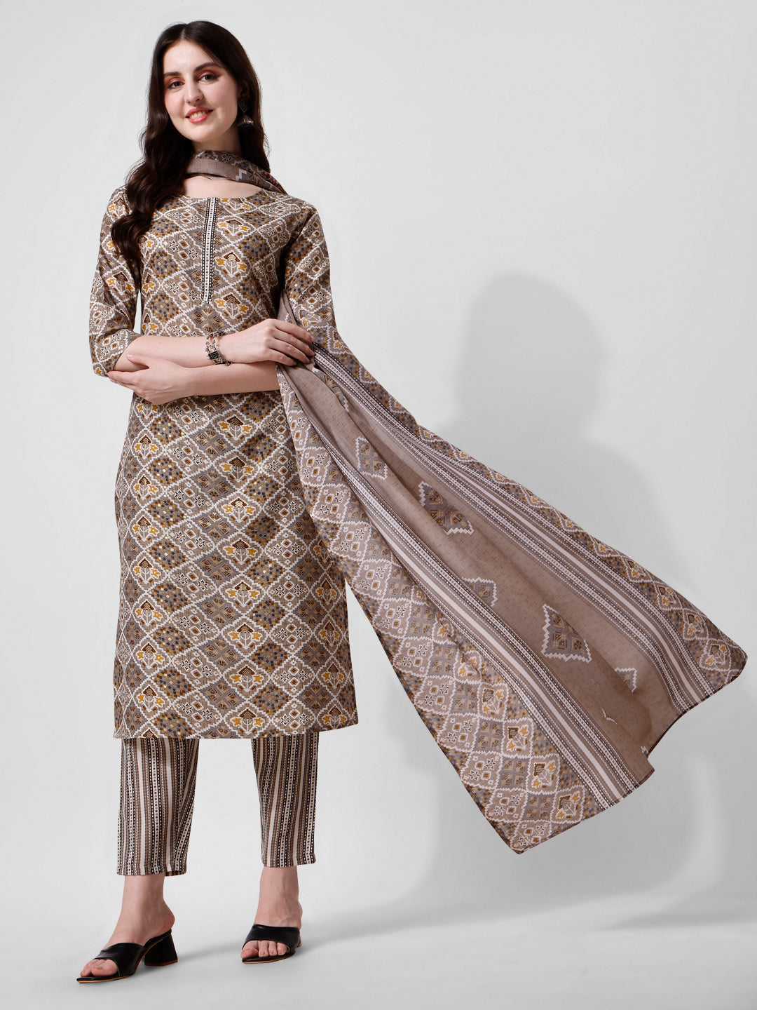 Printed brown kurta pant & dupatta set