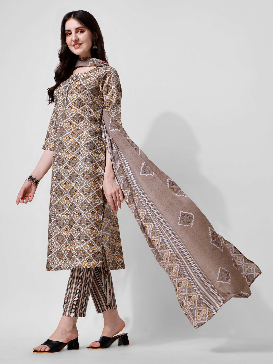 Printed brown kurta pant & dupatta set