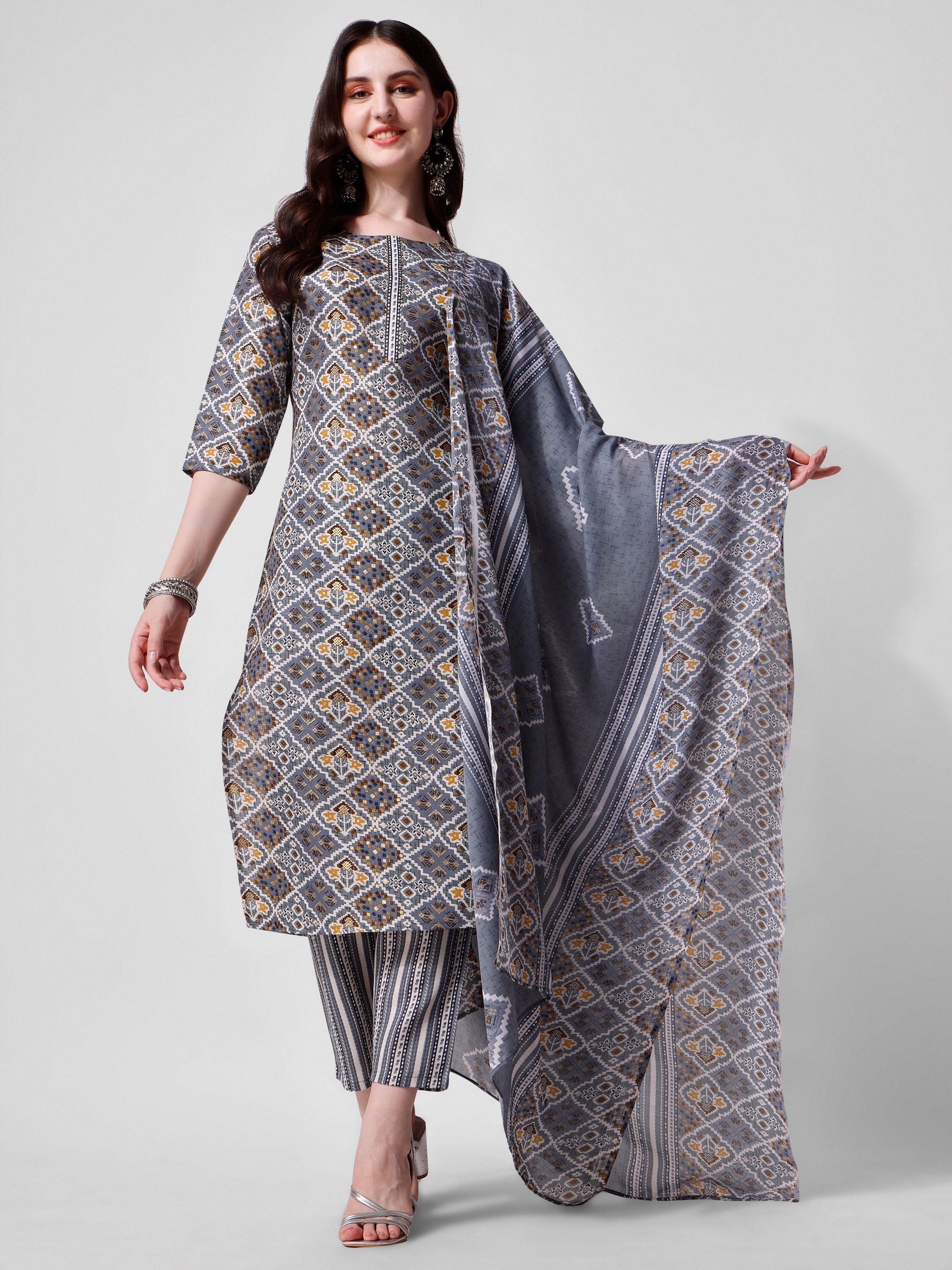 Printed blue kurta pant & dupatta set