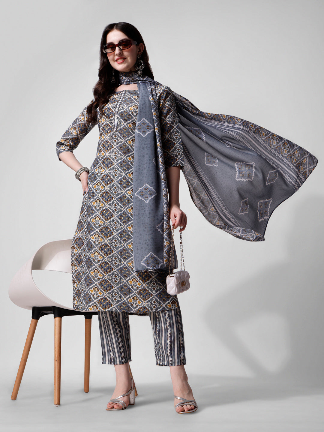 Printed blue kurta pant & dupatta set