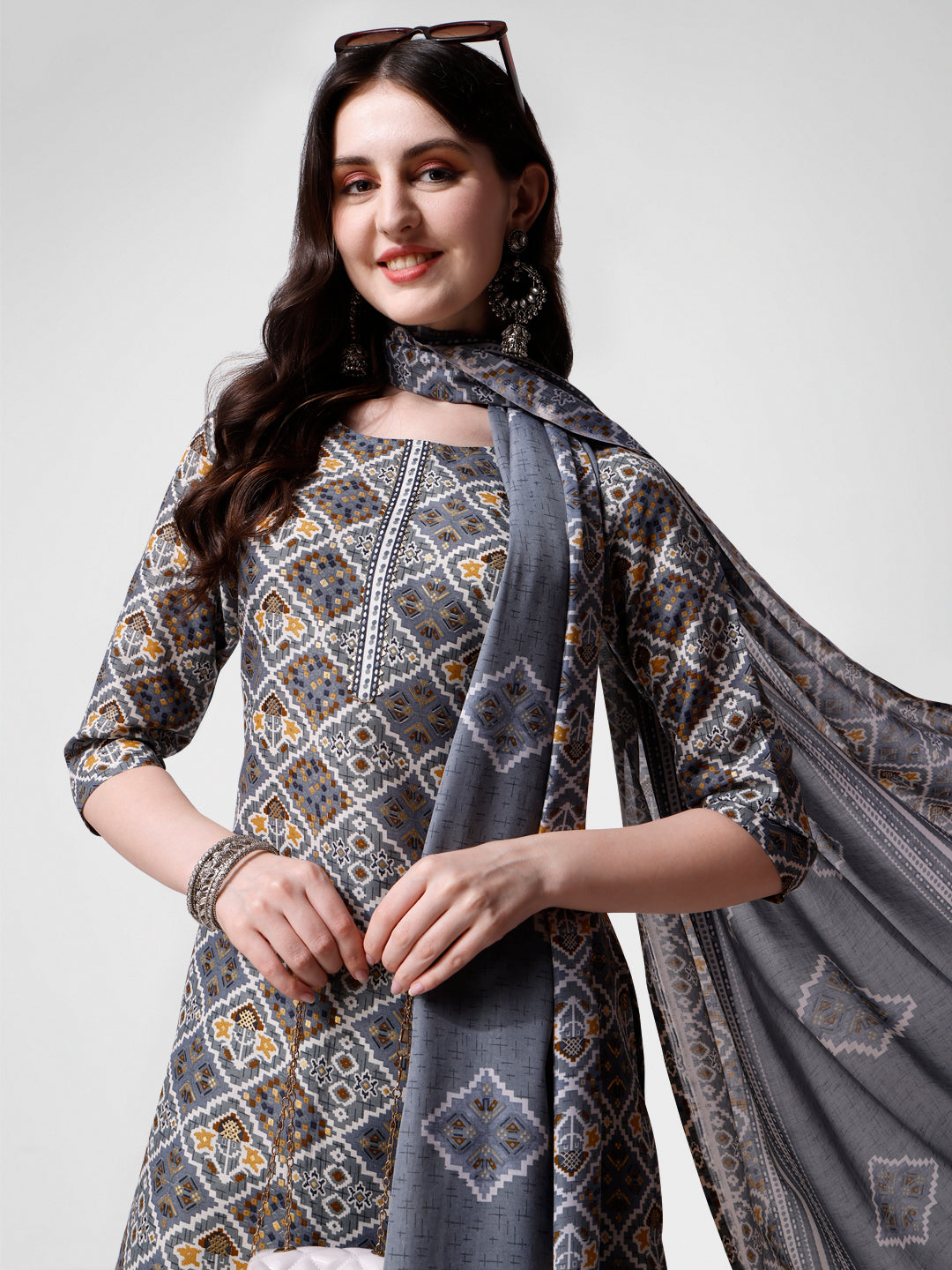 Printed blue kurta pant & dupatta set