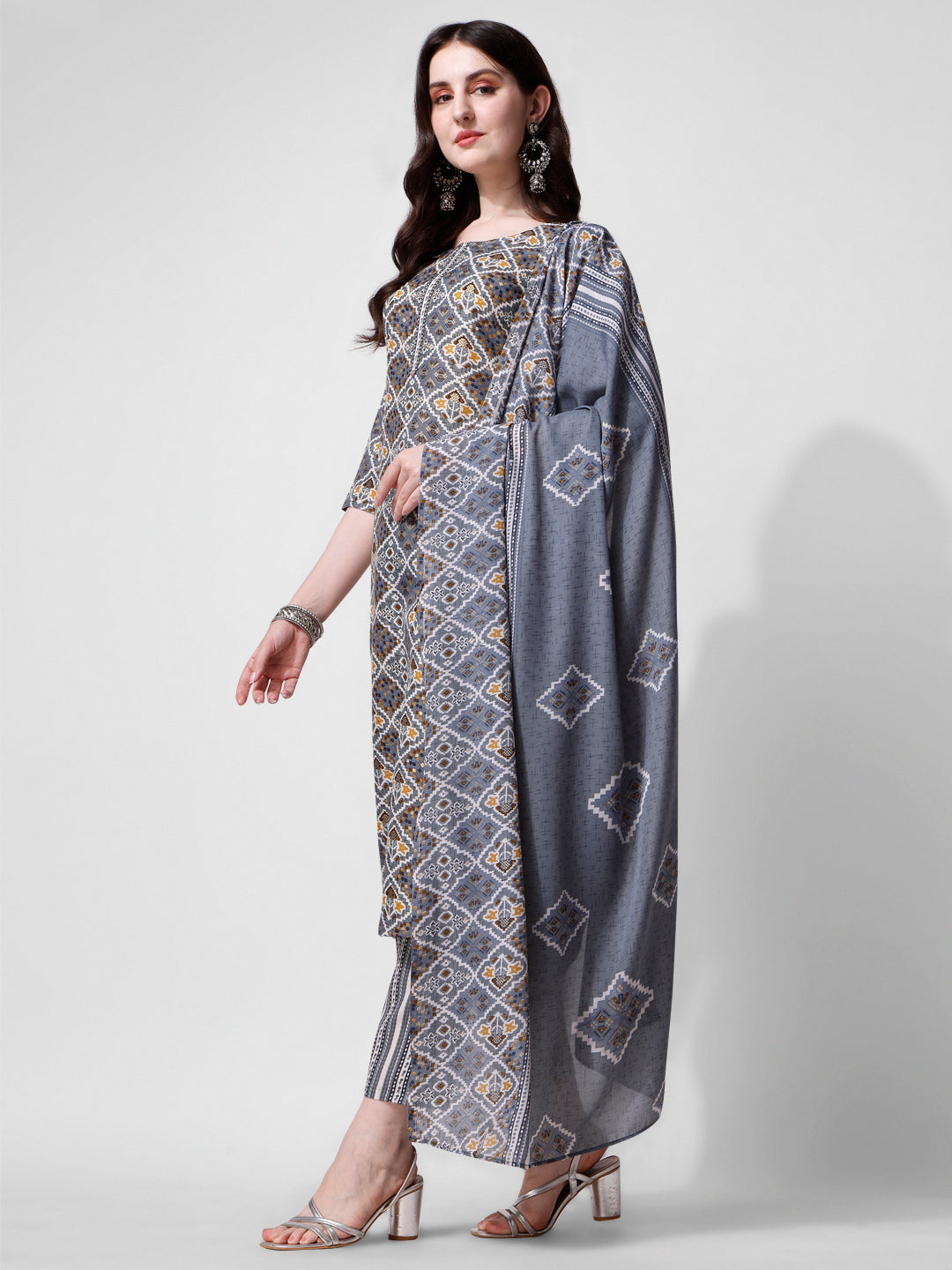 Printed blue kurta pant & dupatta set