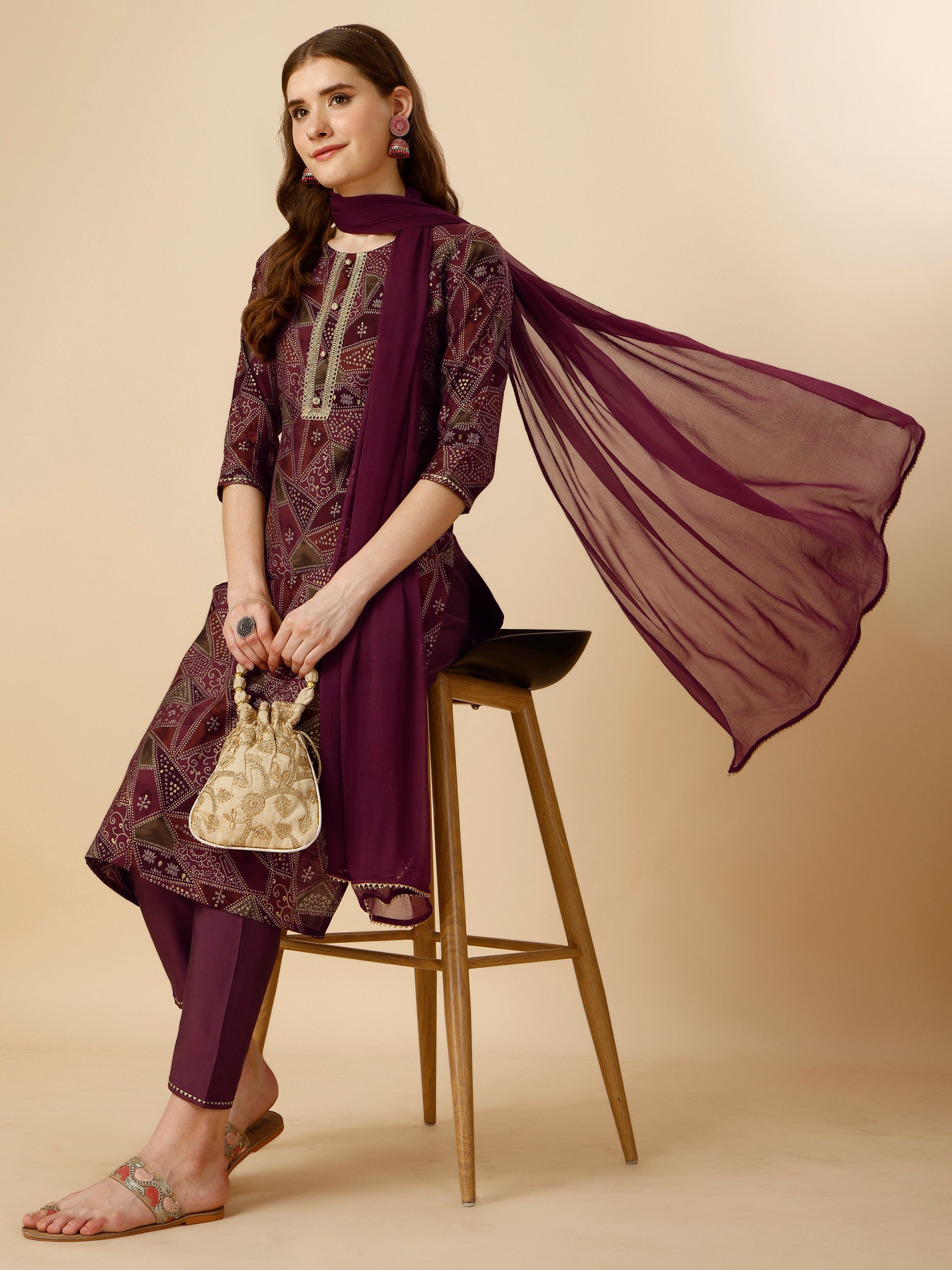 Printed Button and  Embellished Kurta with Pant and Dupatta Set