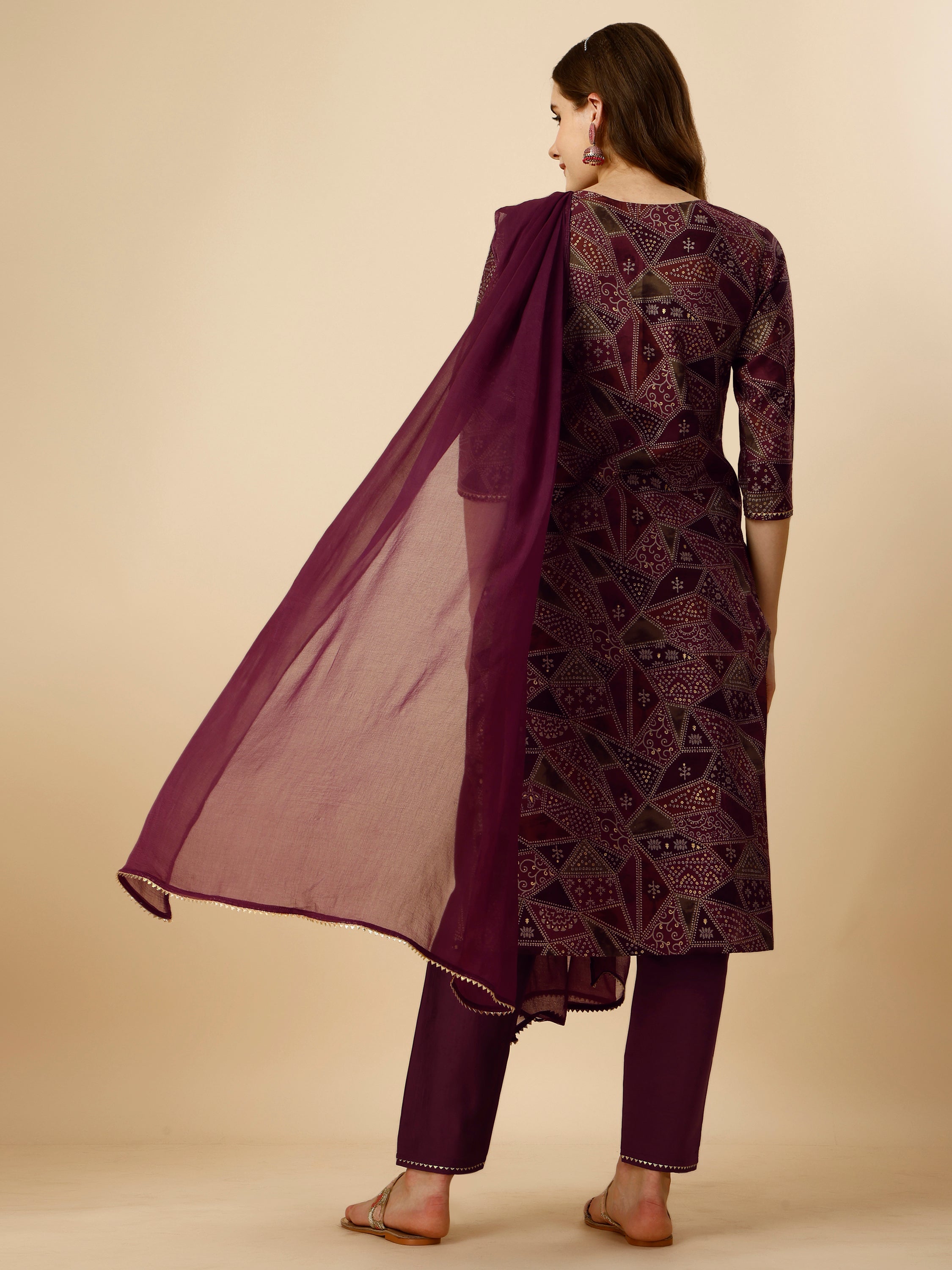 Printed Button and  Embellished Kurta with Pant and Dupatta Set