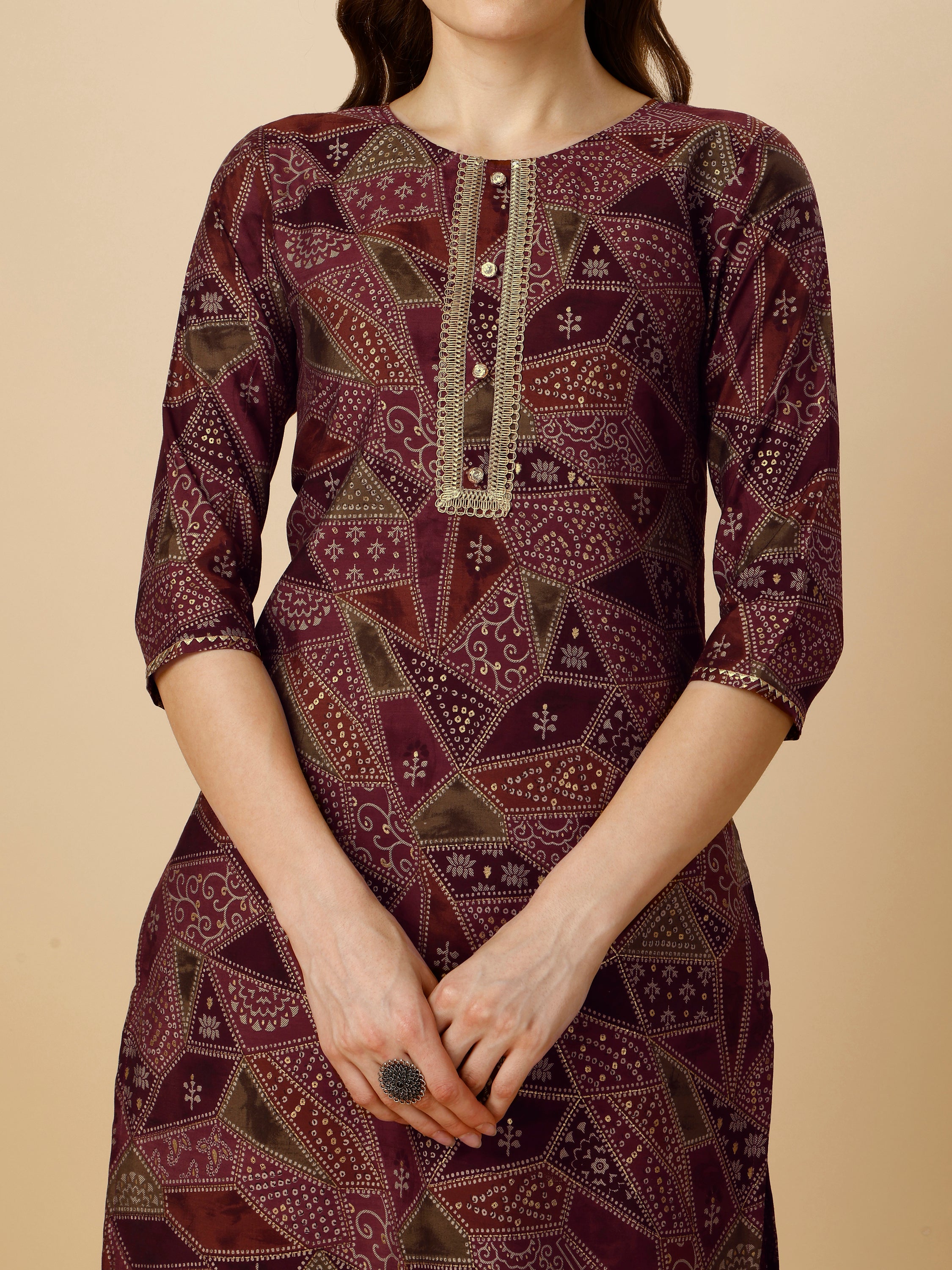 Printed Button and  Embellished Kurta with Pant and Dupatta Set