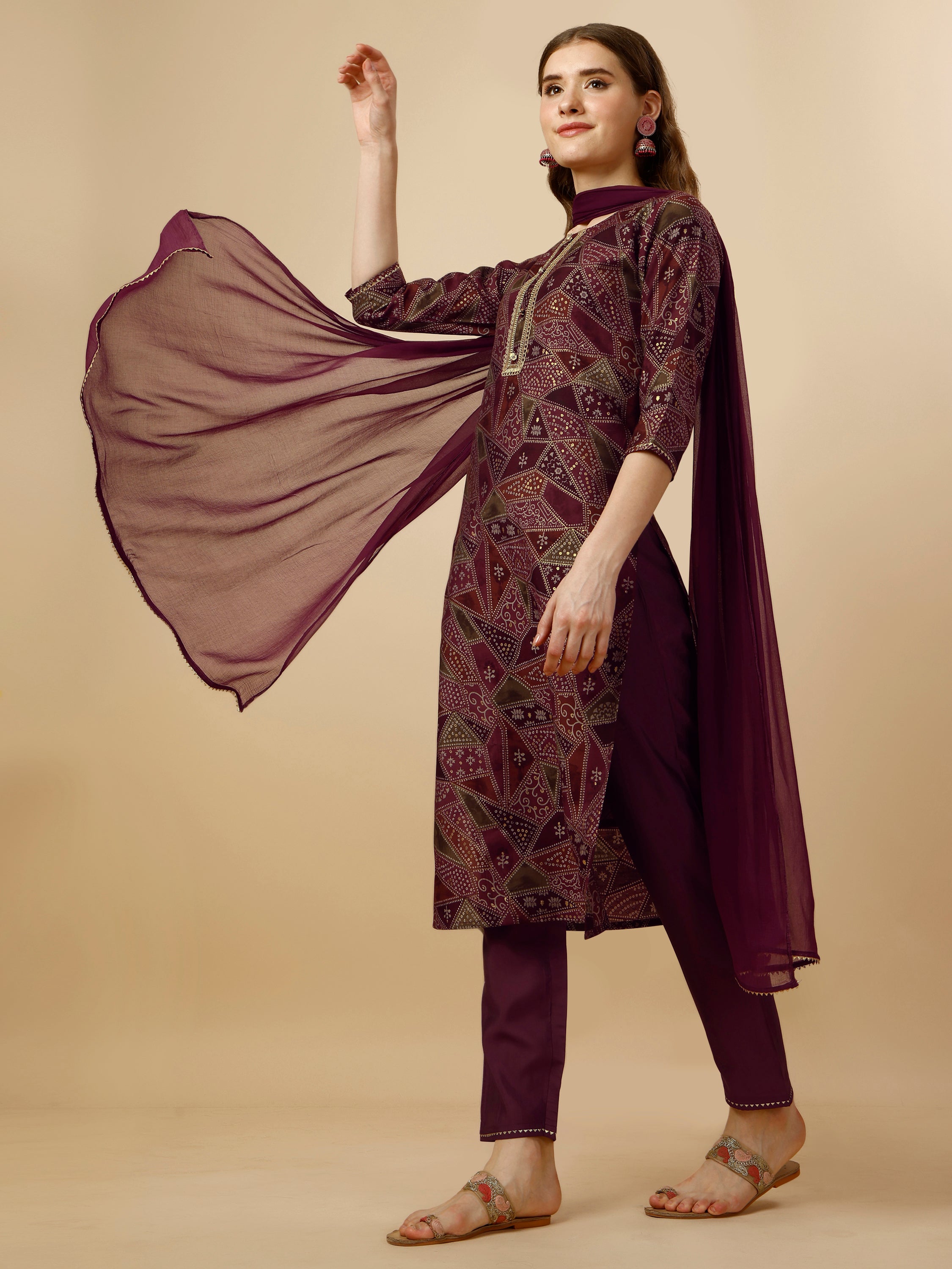 Printed Button and  Embellished Kurta with Pant and Dupatta Set