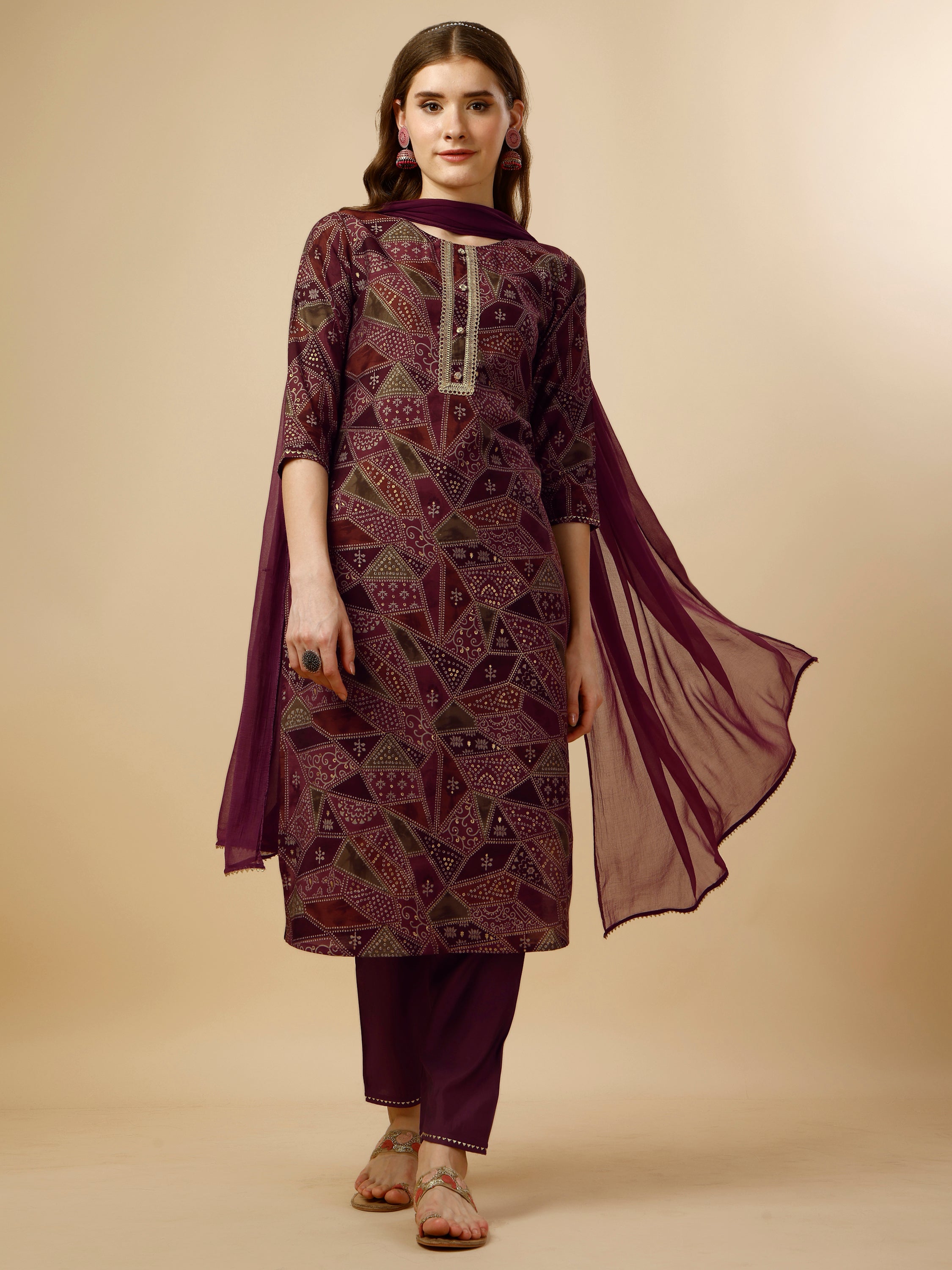 Printed Button and  Embellished Kurta with Pant and Dupatta Set