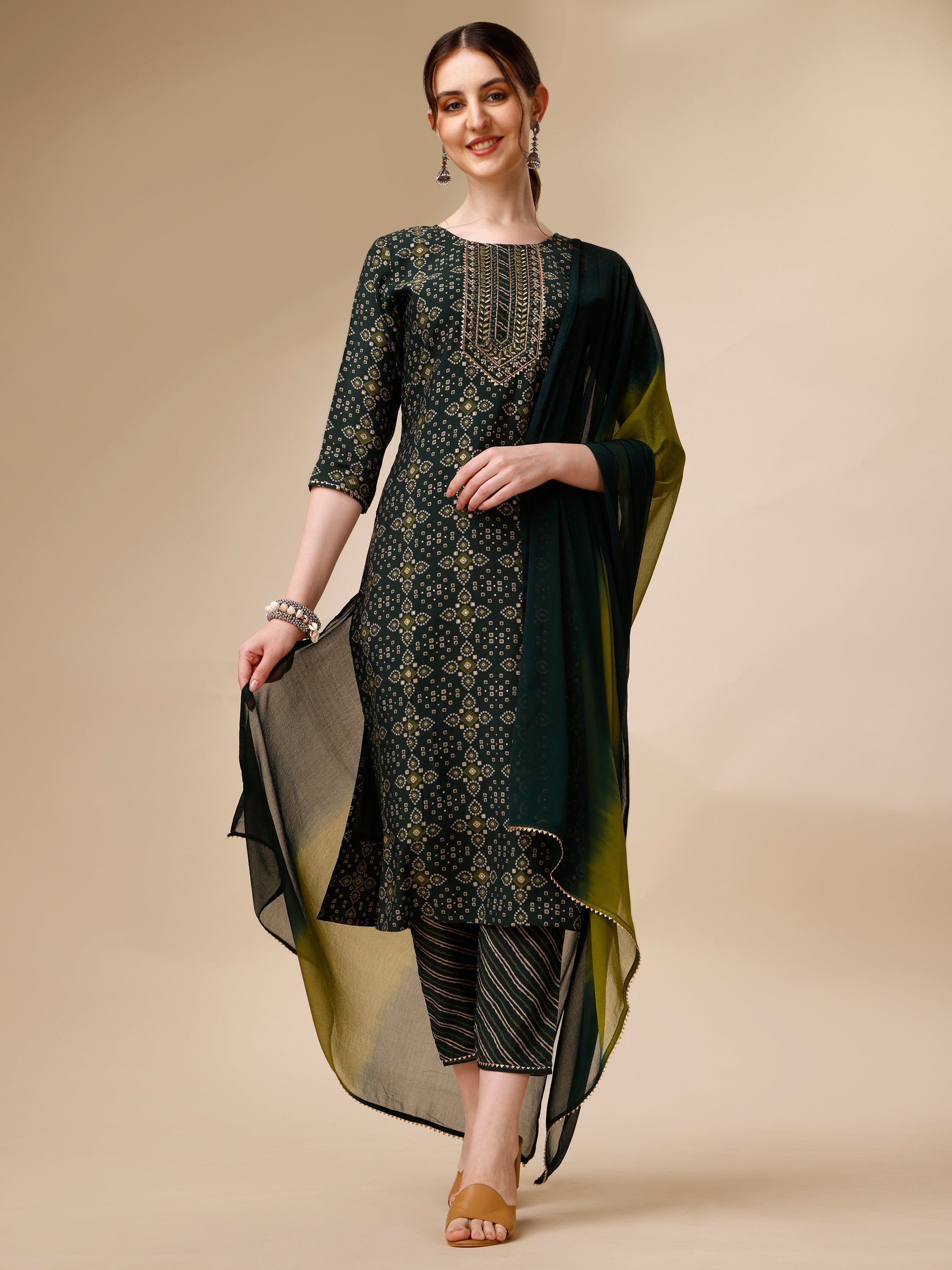 Ethnic Motif &  Embroidered Kurta with Pant & Dupatta Set