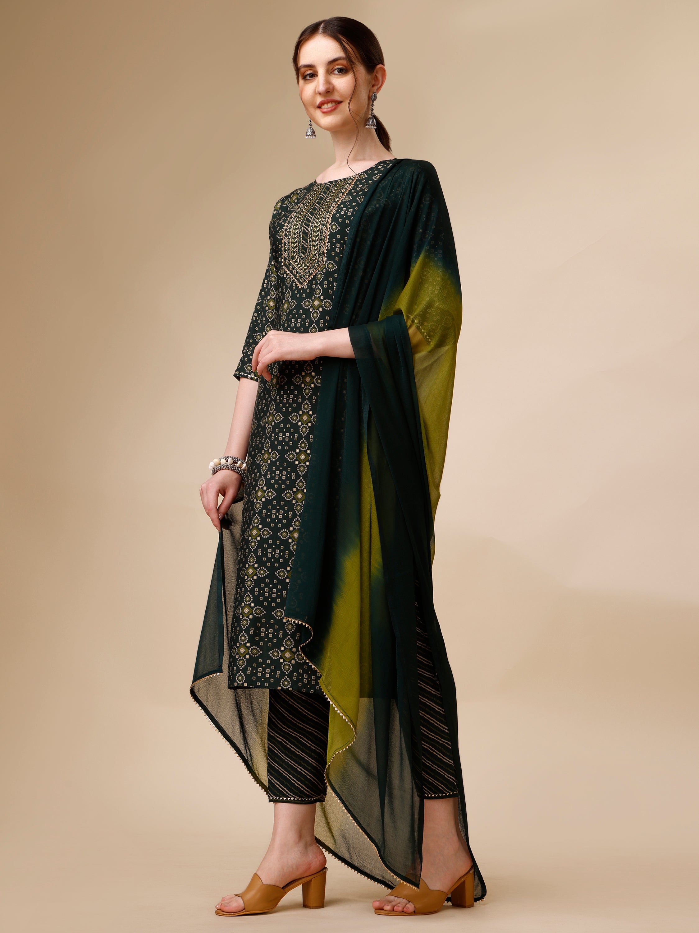 Ethnic Motif &  Embroidered Kurta with Pant & Dupatta Set