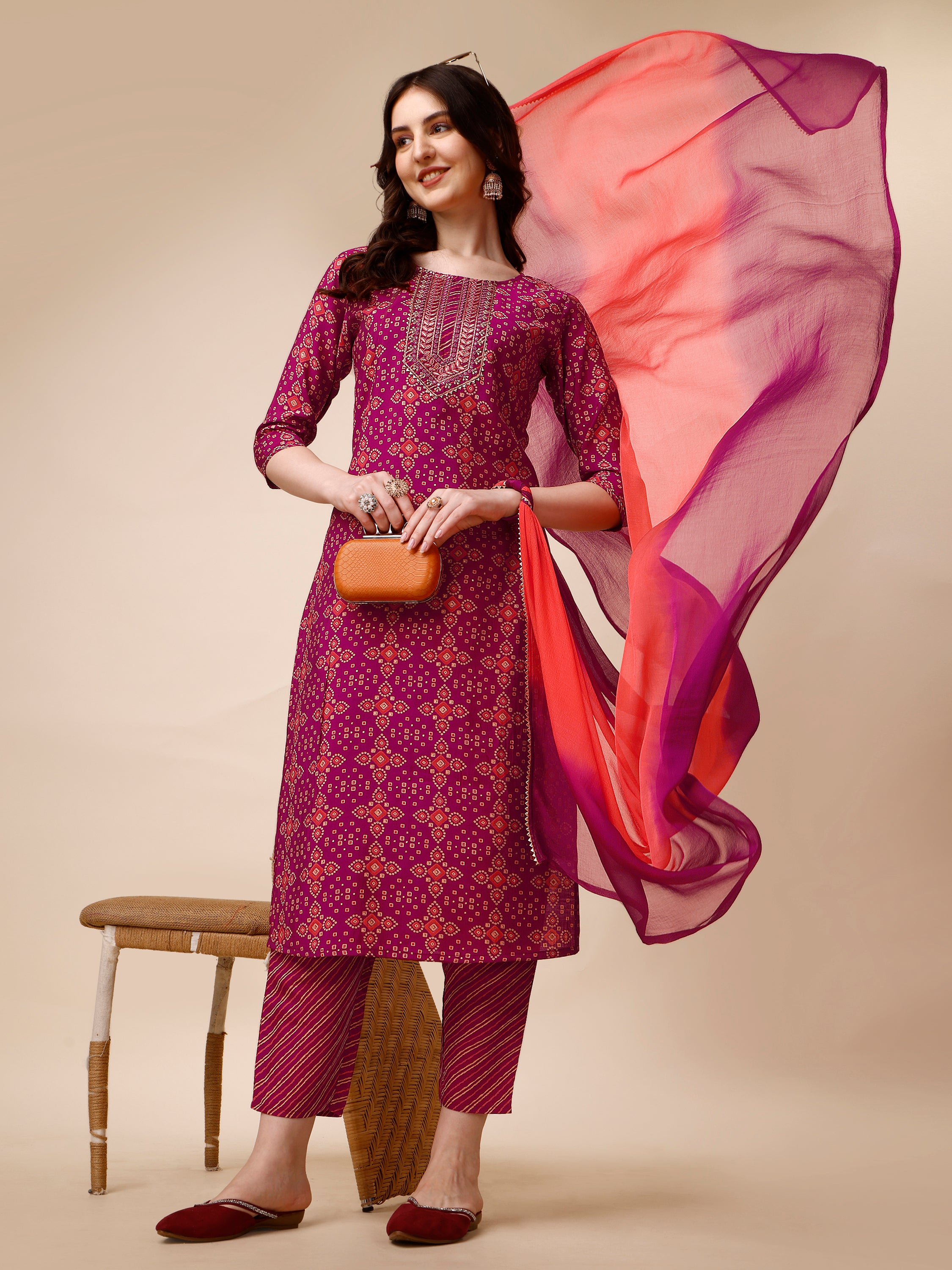 Ethnic Motif & Embroidered Kurta with Pant & Dupatta Set