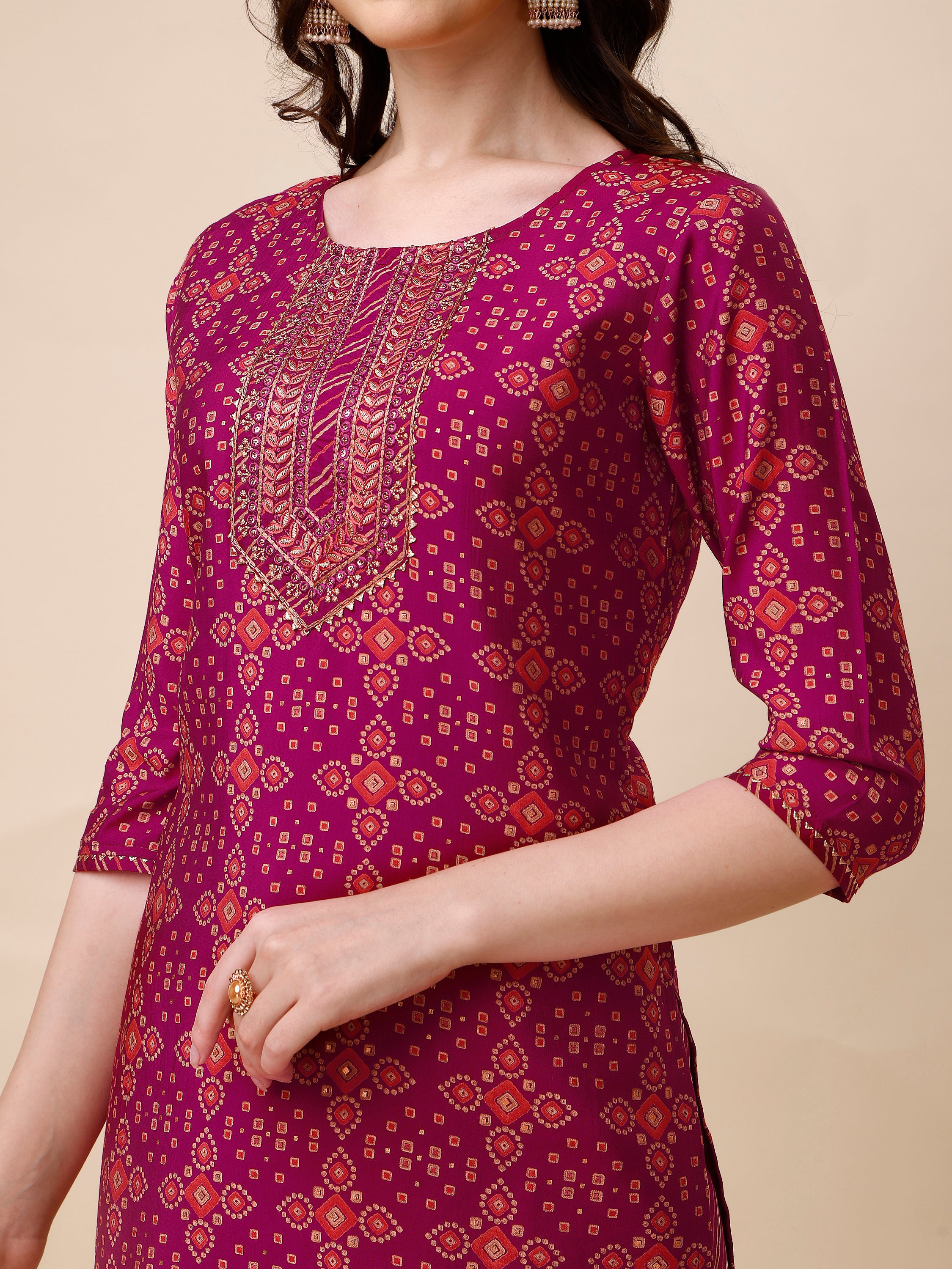 Ethnic Motif & Embroidered Kurta with Pant & Dupatta Set