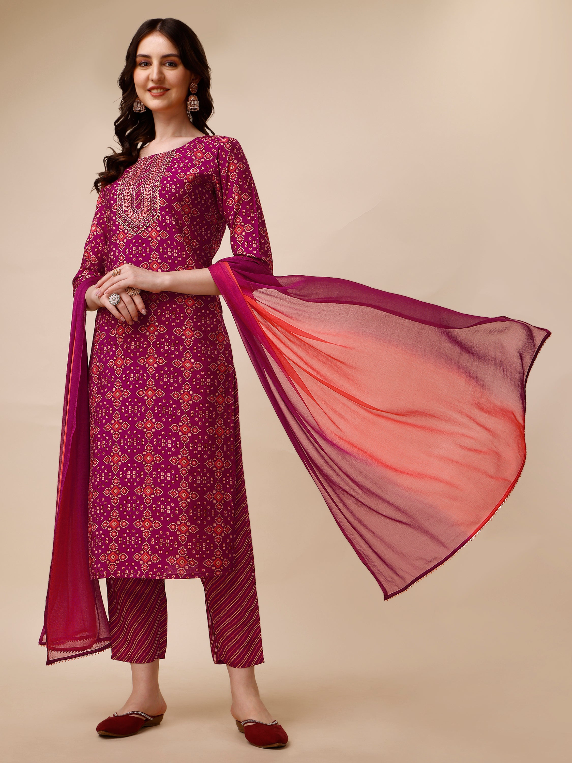 Ethnic Motif & Embroidered Kurta with Pant & Dupatta Set