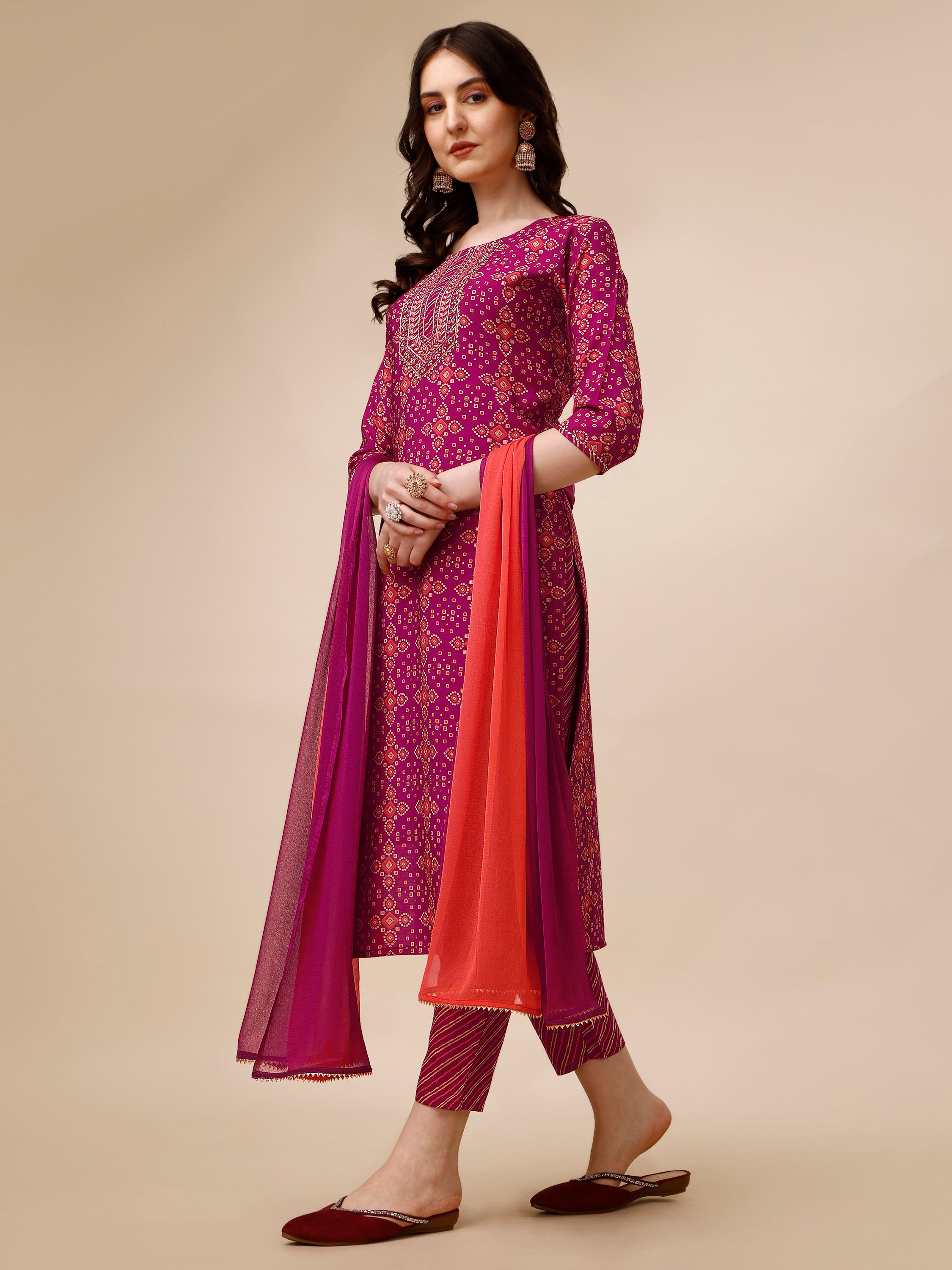 Ethnic Motif & Embroidered Kurta with Pant & Dupatta Set