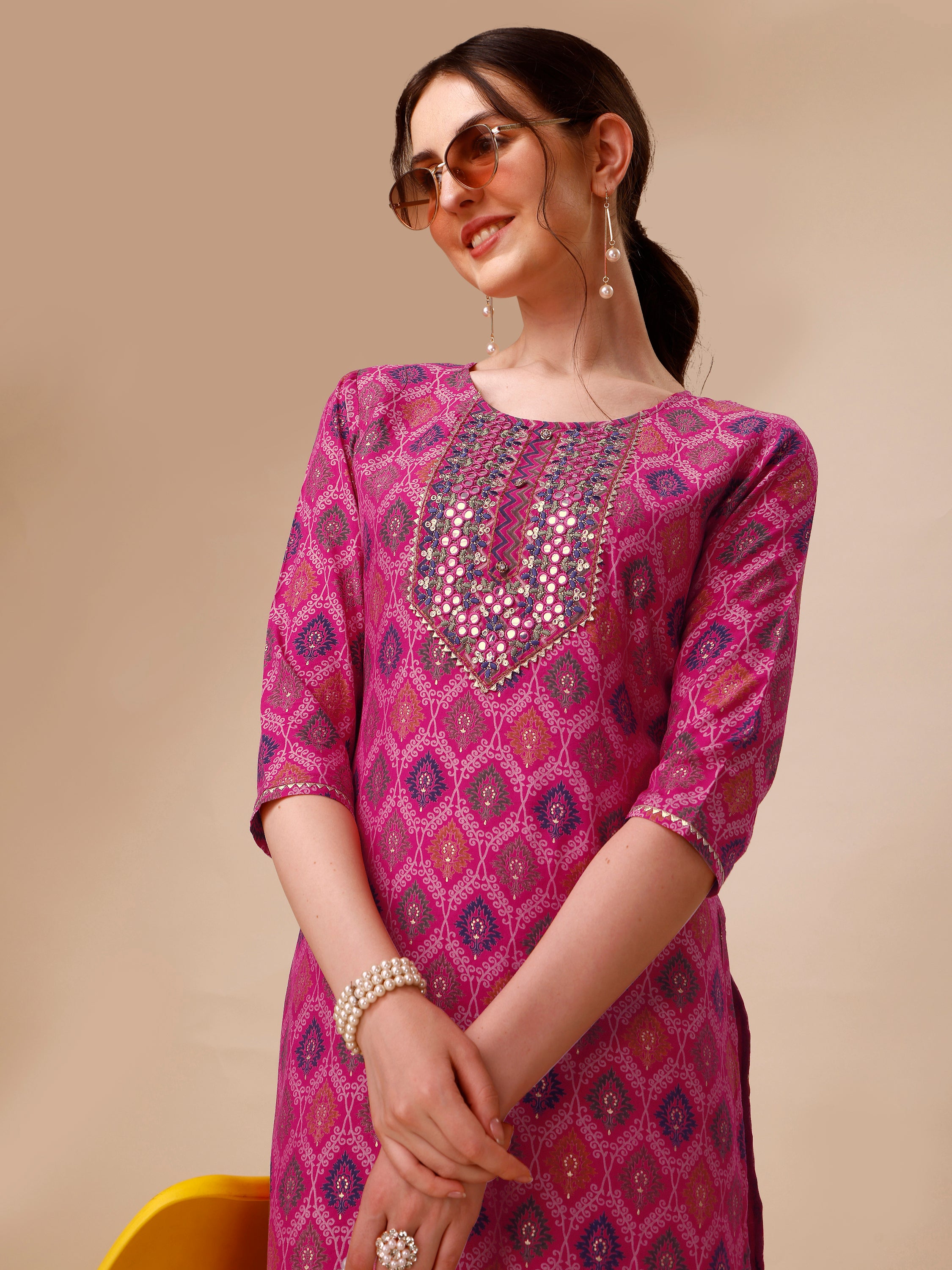 Mirror embroidered & Printed Kurta with pant & dupatta Set