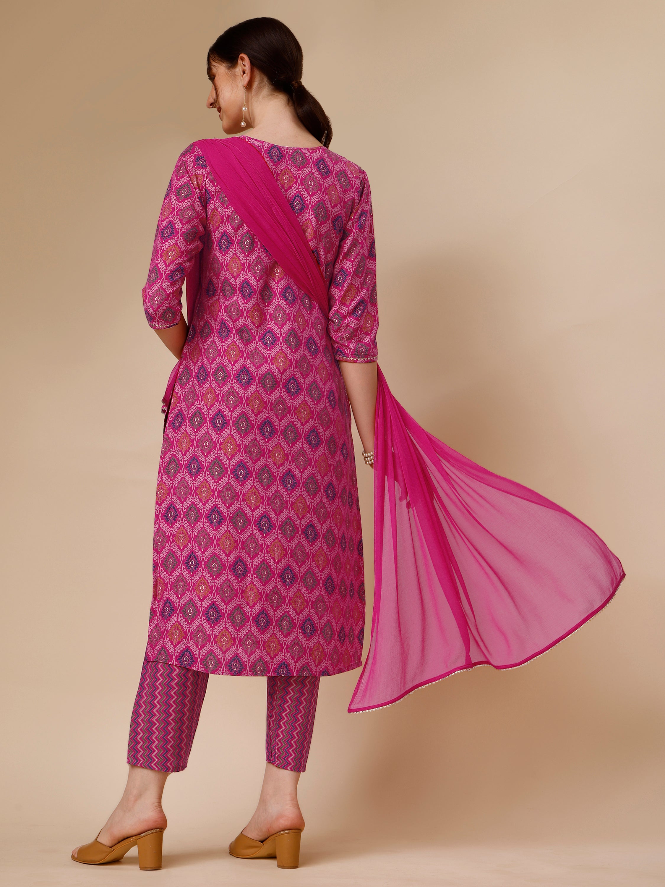 Mirror embroidered & Printed Kurta with pant & dupatta Set