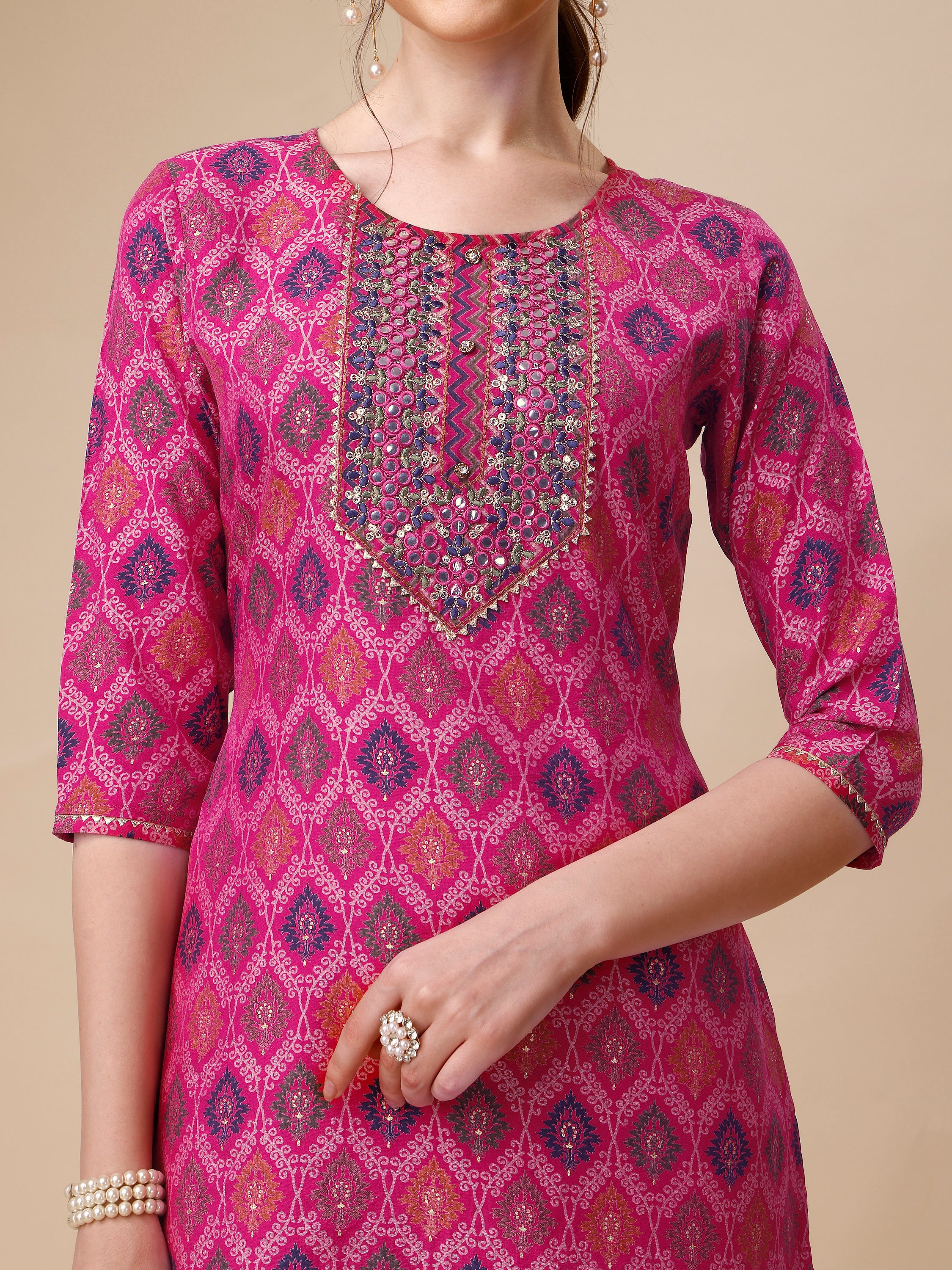 Mirror embroidered & Printed Kurta with pant & dupatta Set