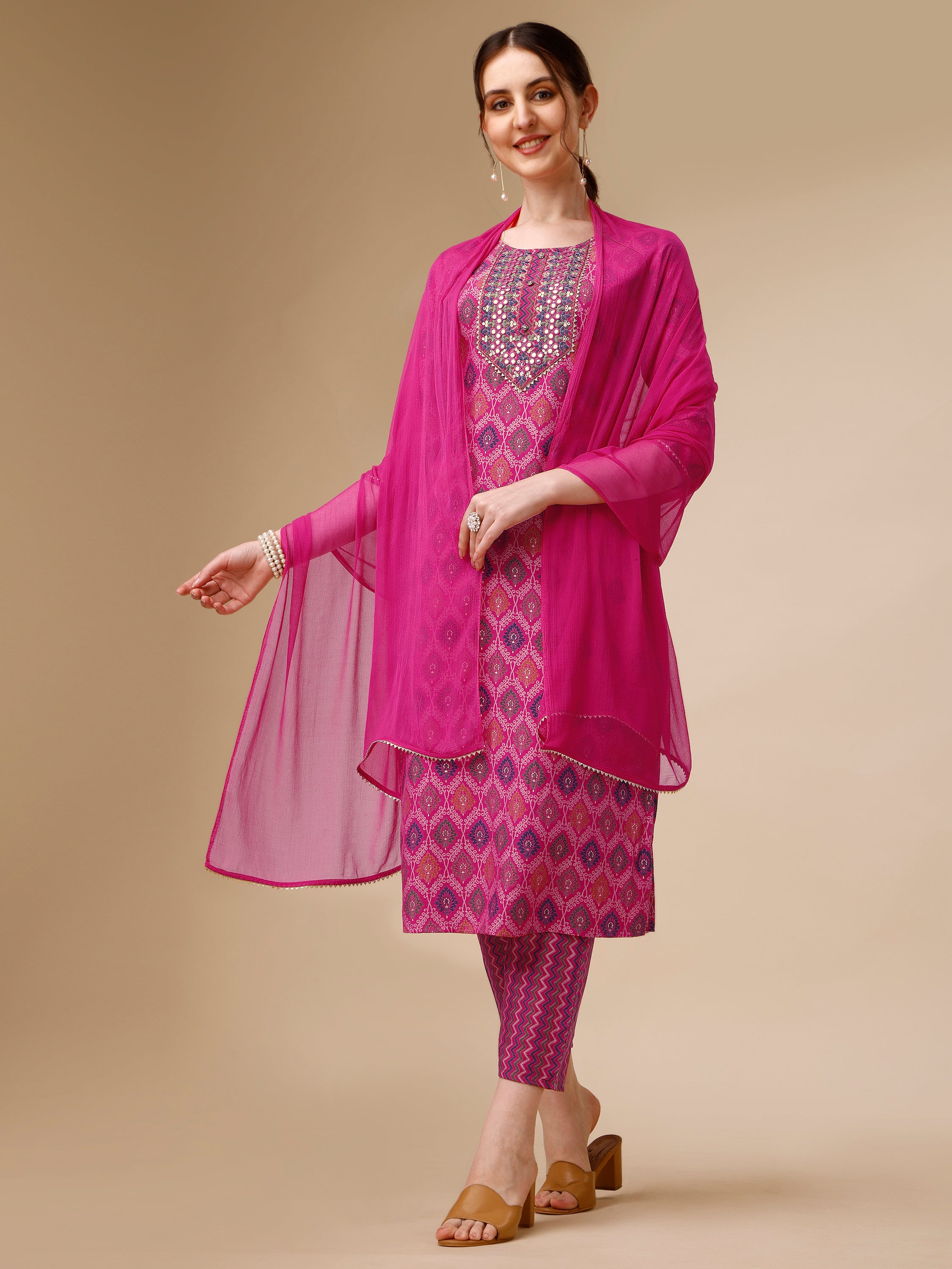 Mirror embroidered & Printed Kurta with pant & dupatta Set