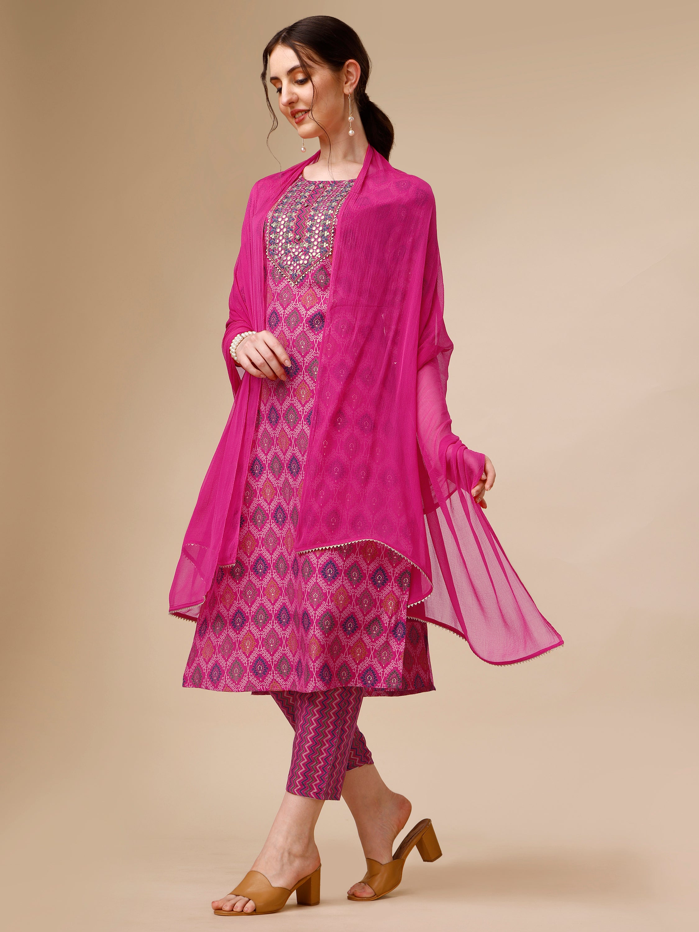 Mirror embroidered & Printed Kurta with pant & dupatta Set